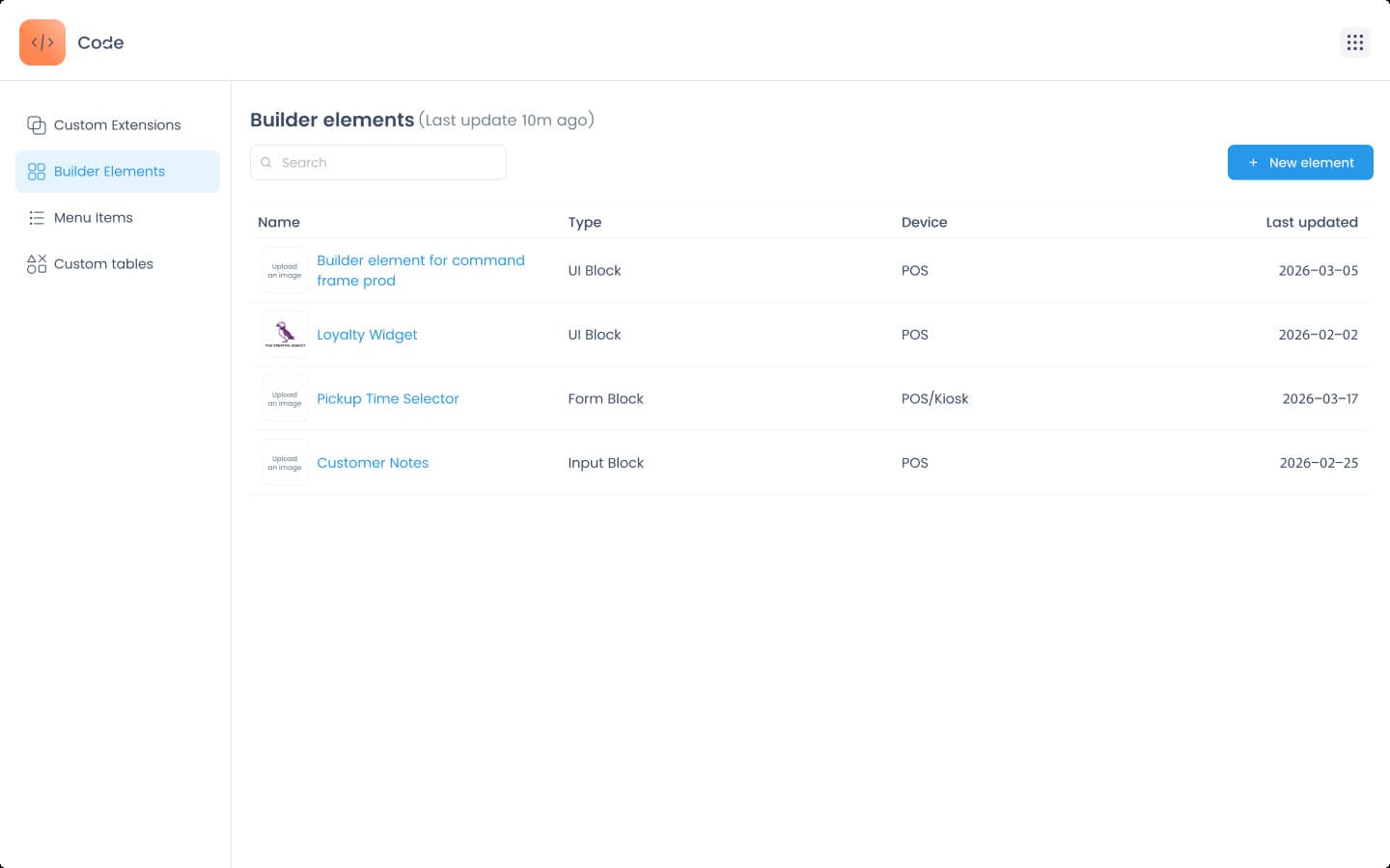 Final Code builder elements admin interface