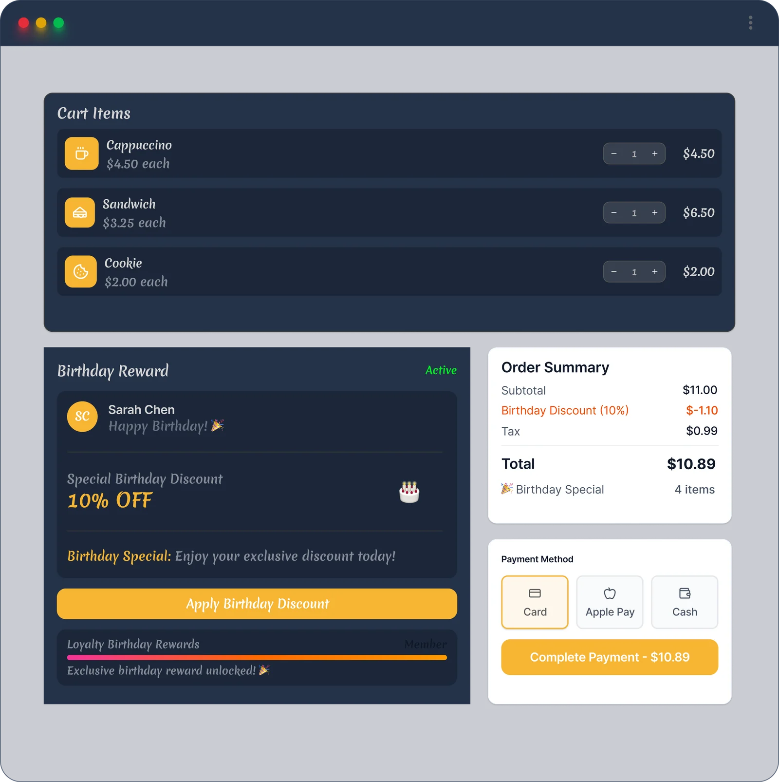 Checkout cart with a birthday reward extension applied
