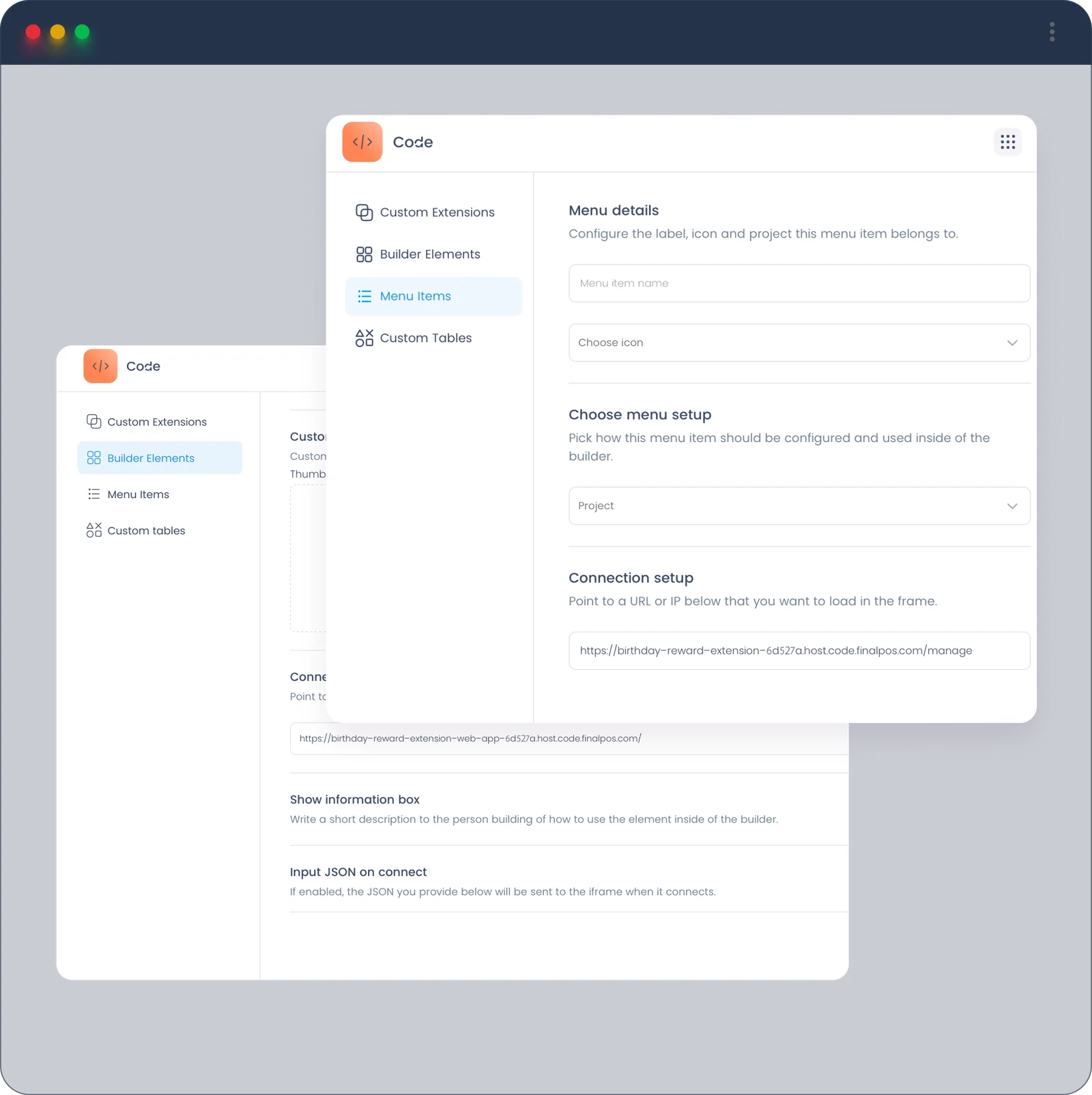 Code admin showing the menu items configuration
