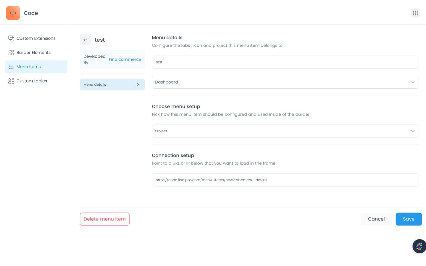 Custom extension page rendered inside Final Manage