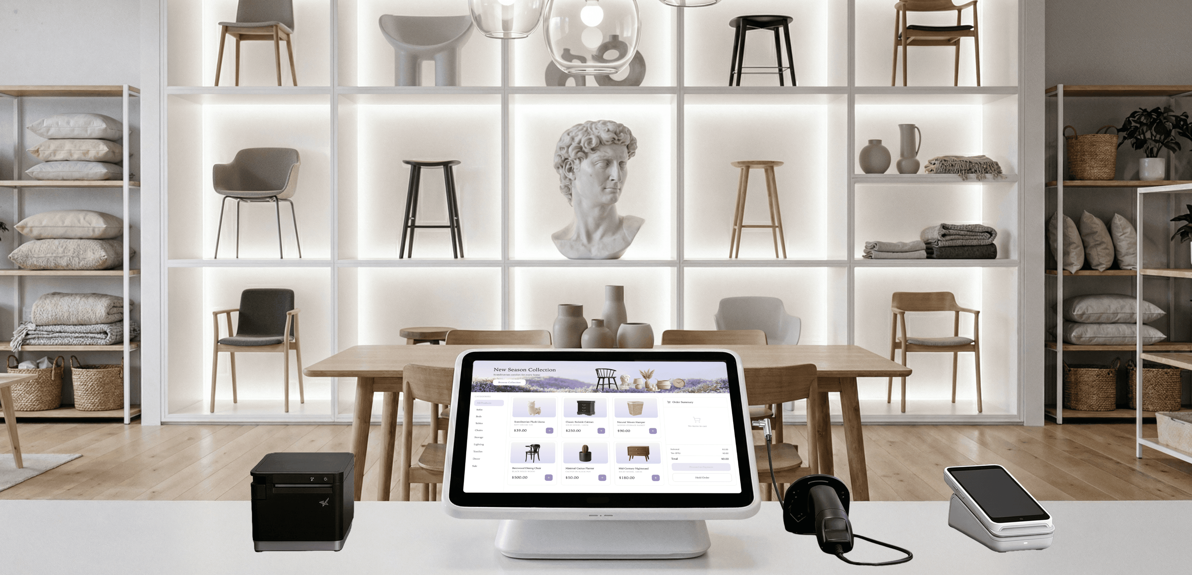Counter scene with POS terminal, printer, and barcode scanner in a furniture showroom