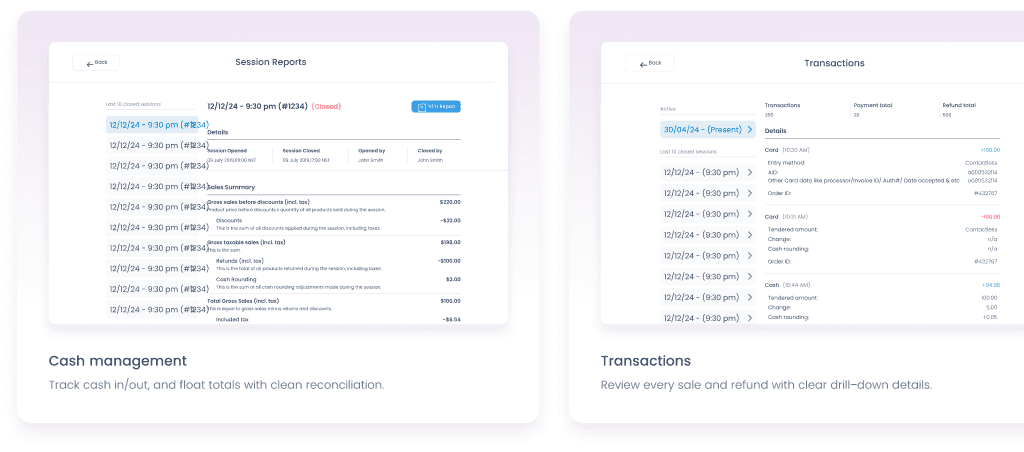 Cash management session reports dashboard