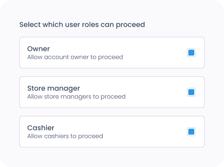 Role authorization picker with Owner, Store manager, Cashier