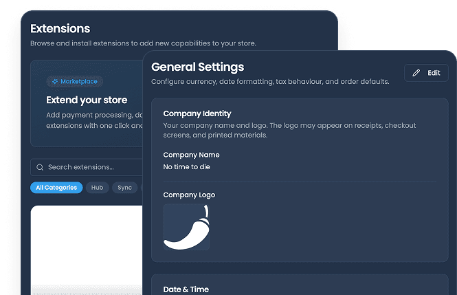 Extensions marketplace and general settings