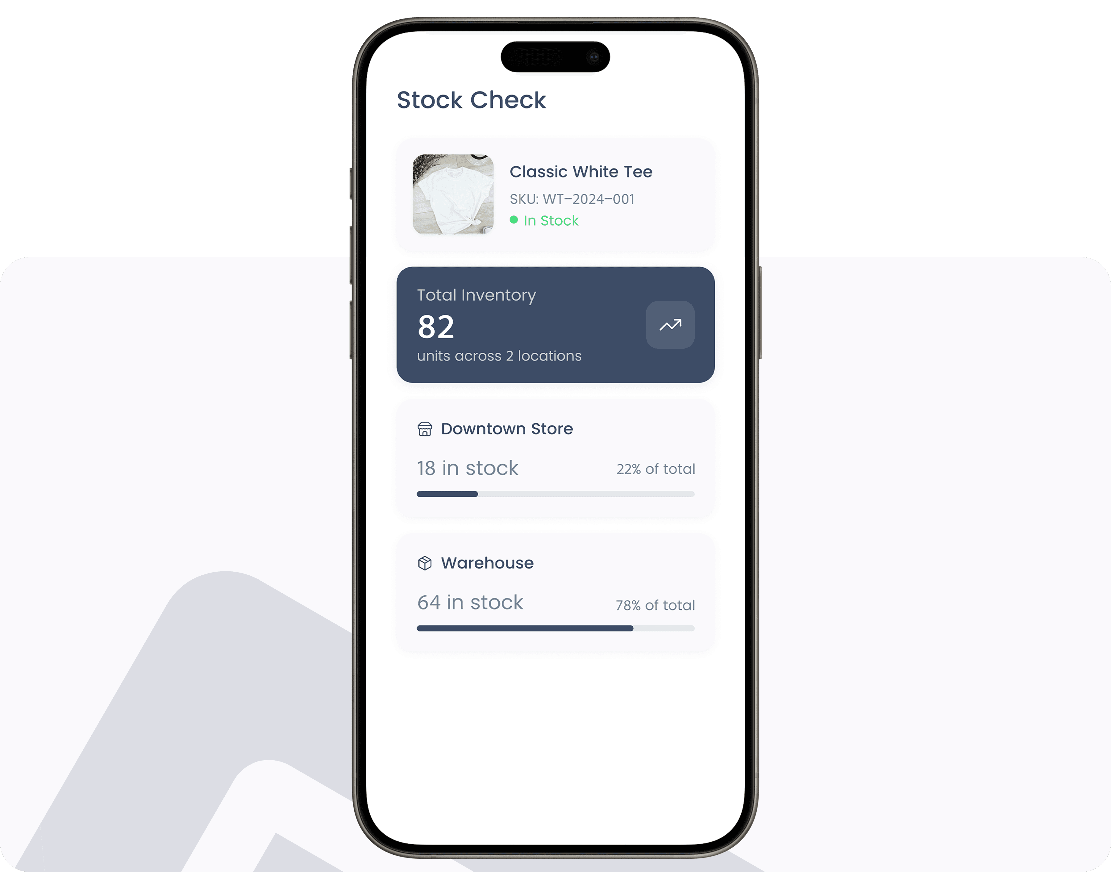 Stock Check screen showing inventory across store locations