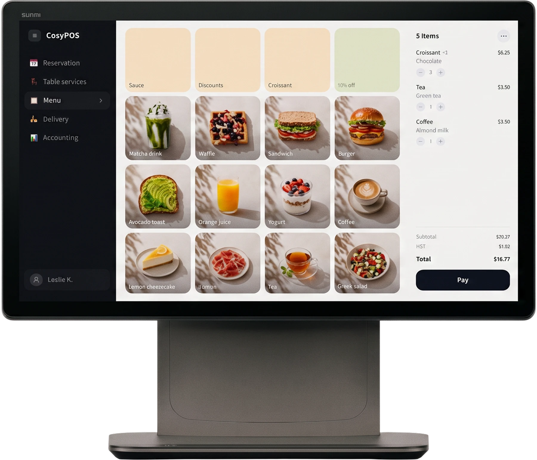 Sunmi countertop POS running a Final menu and open order