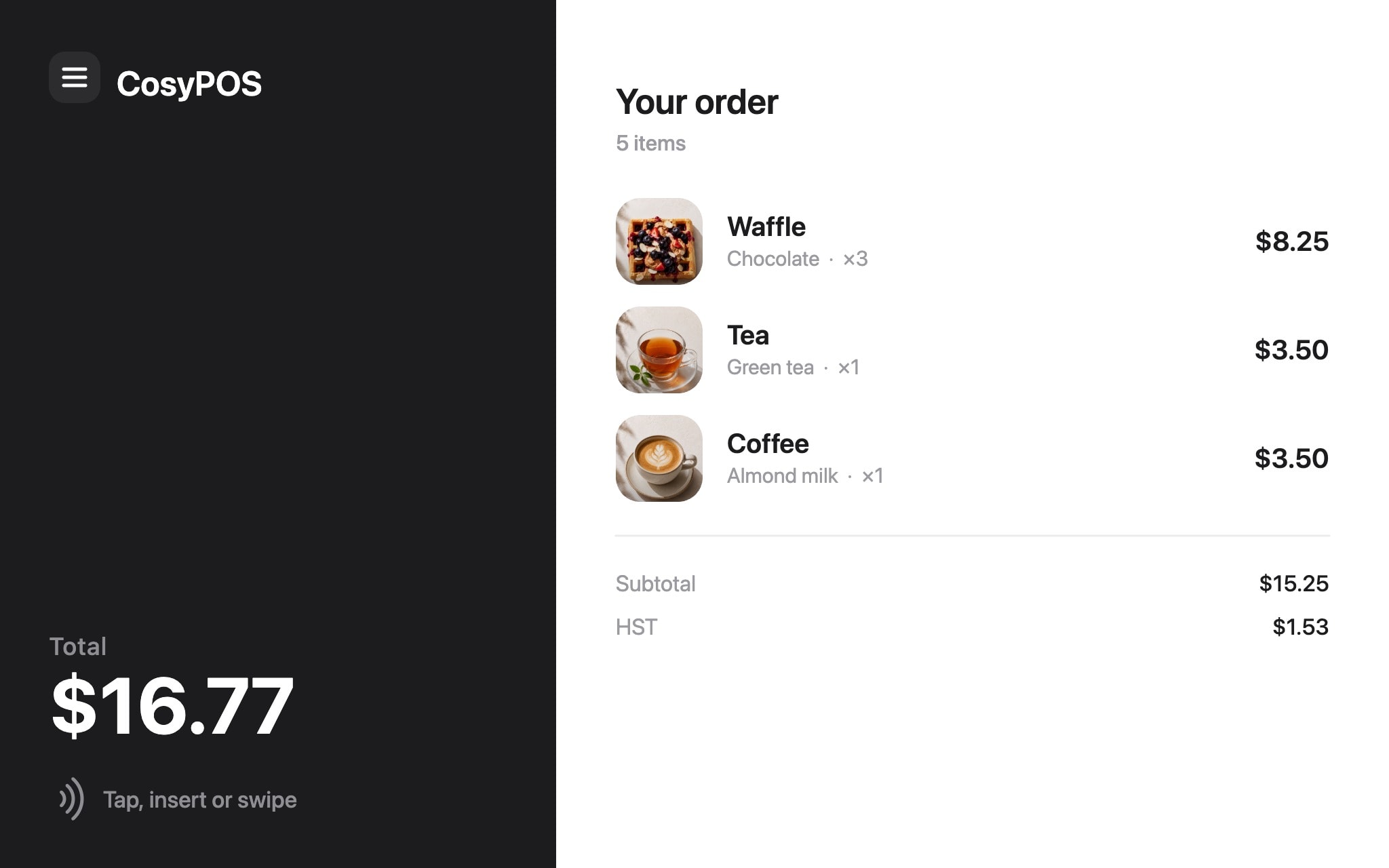 The customer-facing display showing an open order and its total