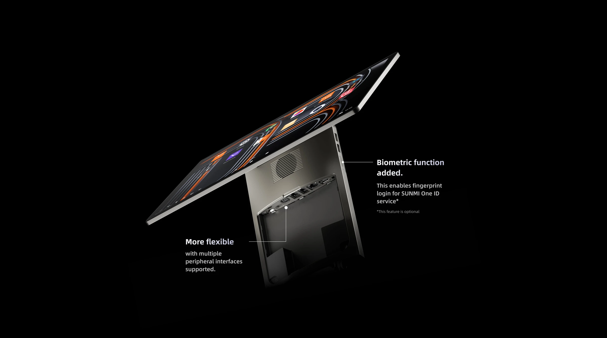 The terminal in profile with its ports and fingerprint reader called out