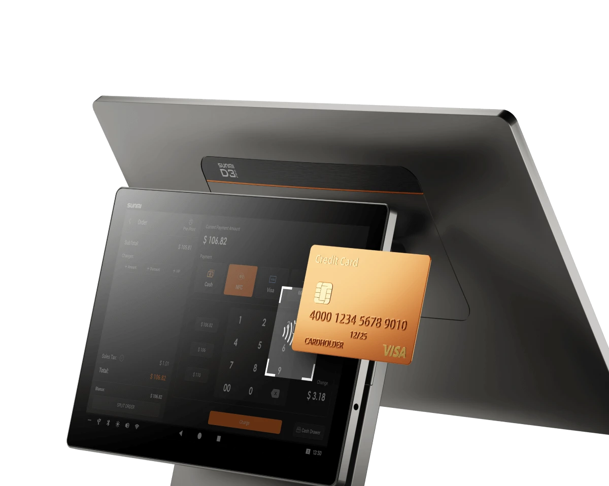 A card held to the customer display's contactless reader, the payment screen showing the amount