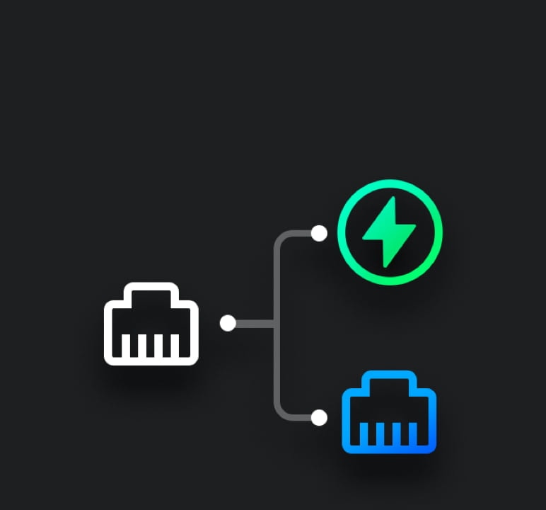 An icon of one Ethernet port splitting into power and data
