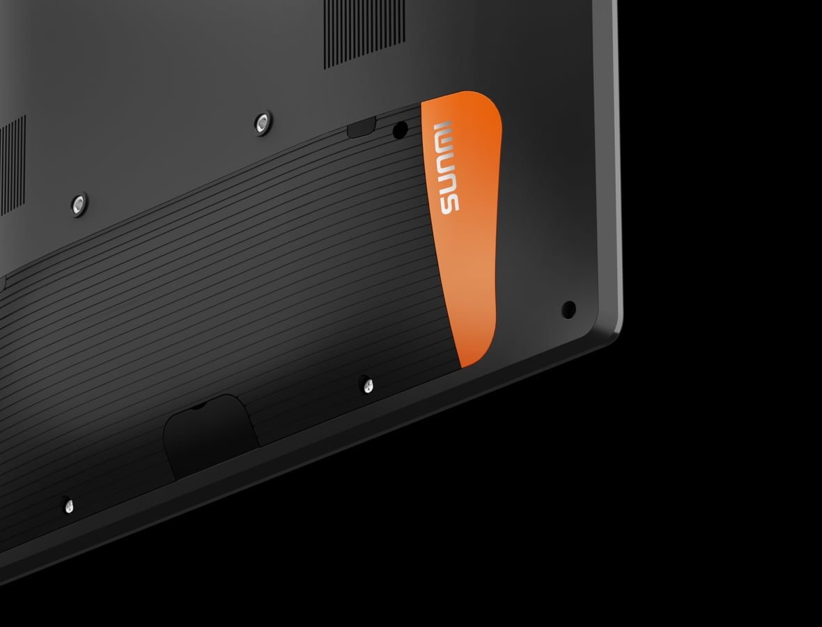 The ribbed back of the display and one of its rounded corners