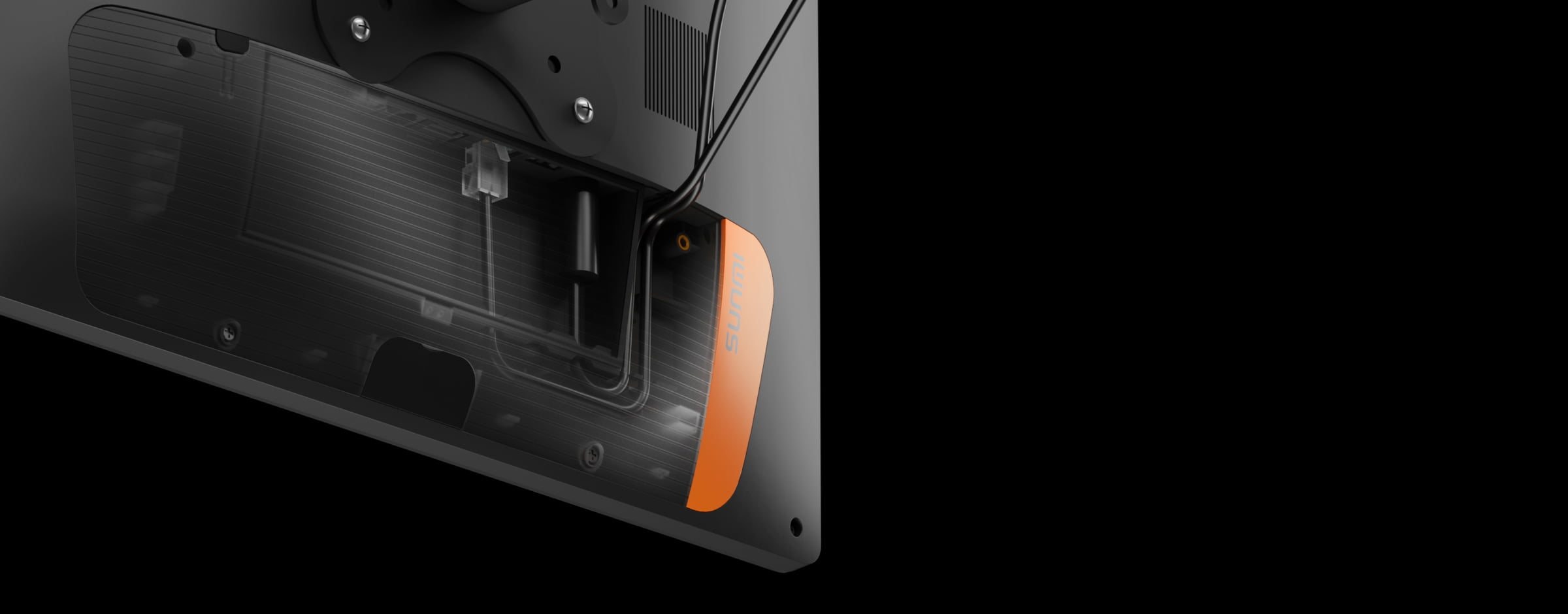 The back of the display with a see-through detachable plate showing the routed cables