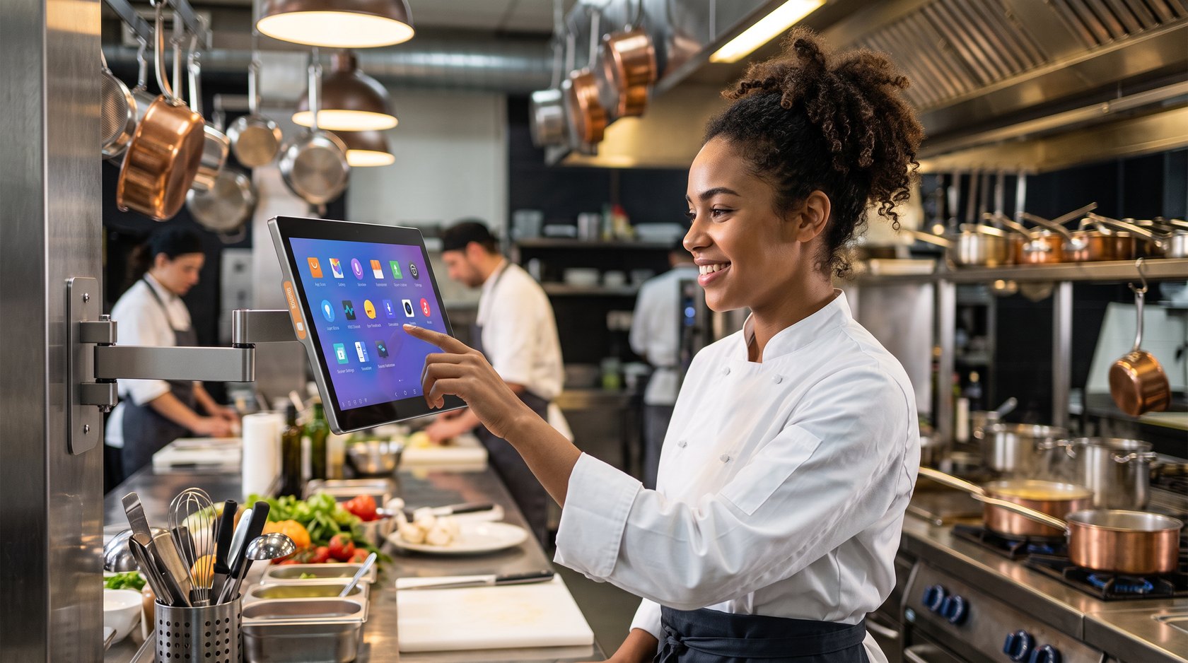 A smiling chef in whites tapping a kitchen display on a wall arm in a busy restaurant kitchen