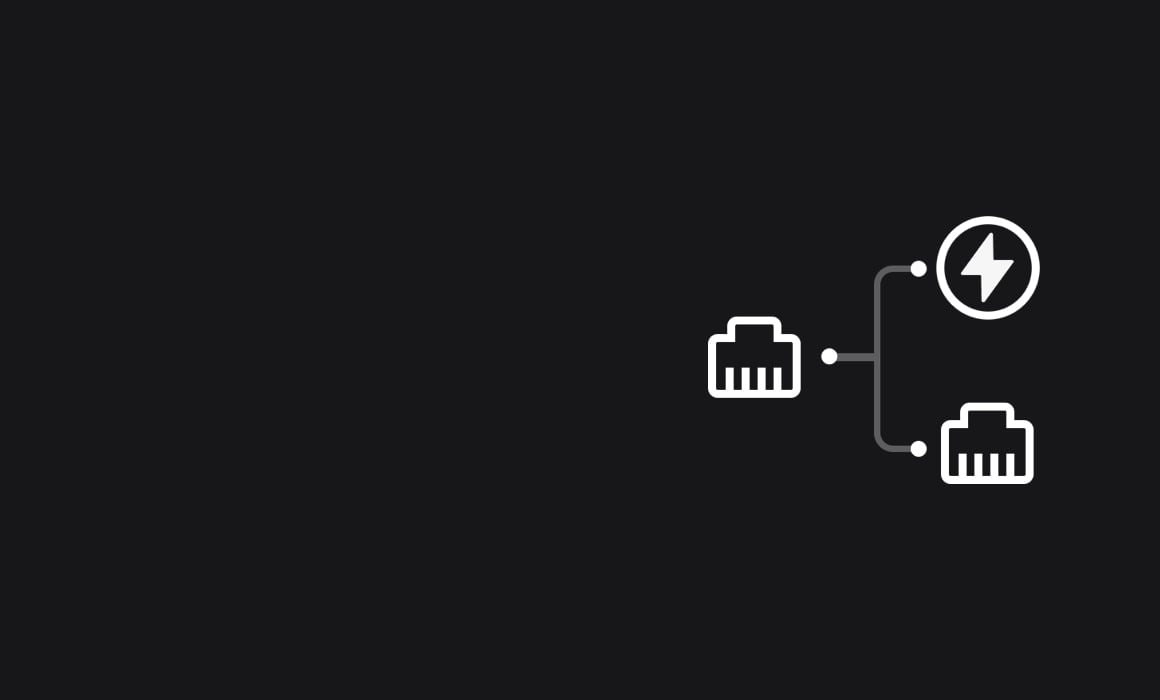 An icon of one Ethernet port splitting into power and data