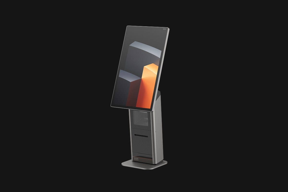 The kiosk head on a curved retail desktop stand