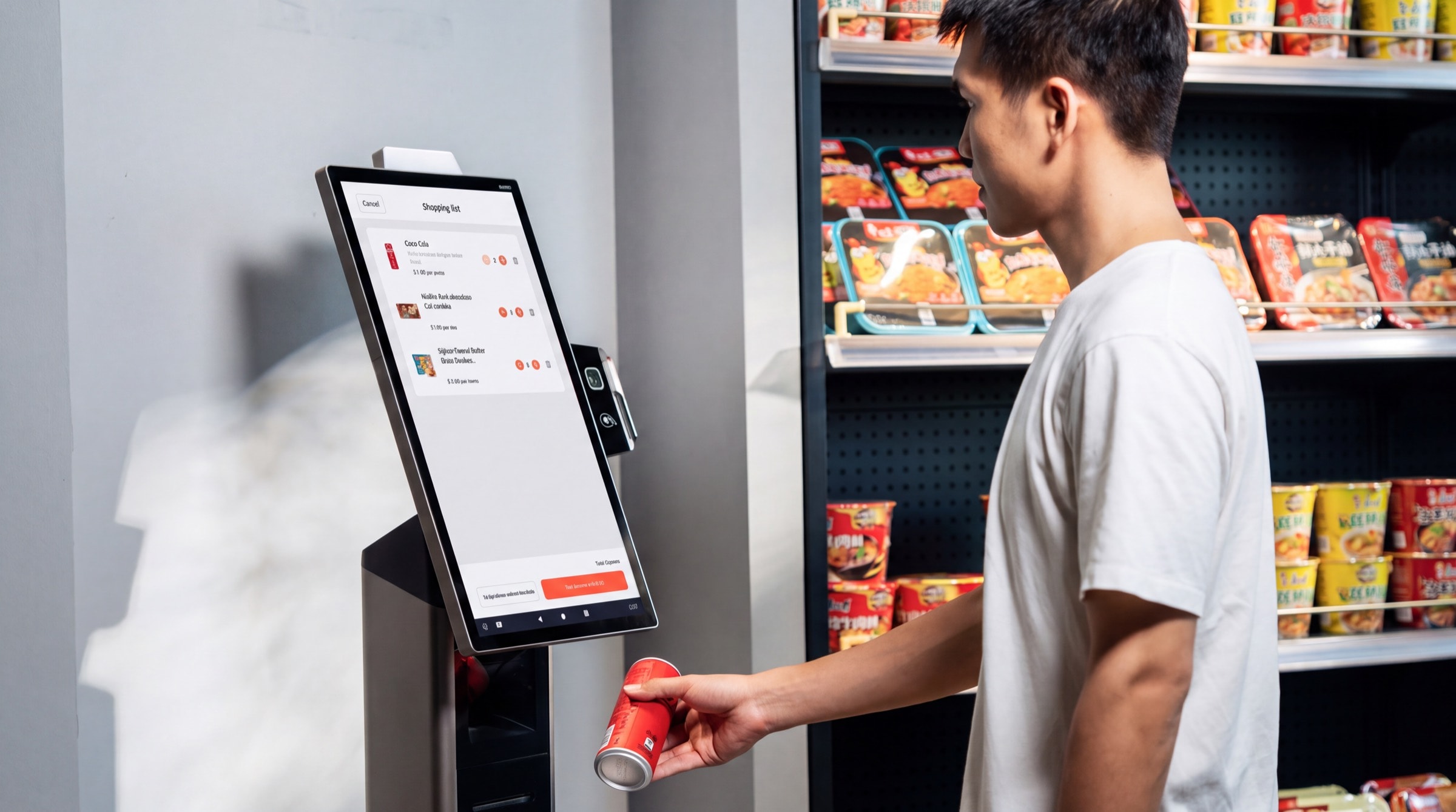 A shopper holding a can beside a self-checkout kiosk in a convenience store, a shopping list on its screen