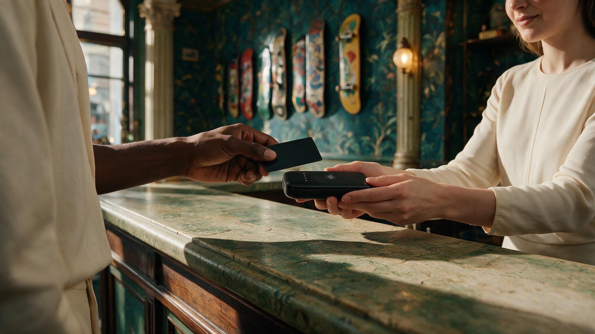 A customer holding a card out to the reader in a shopkeeper's hand across a shop counter, skateboards on the wall behind