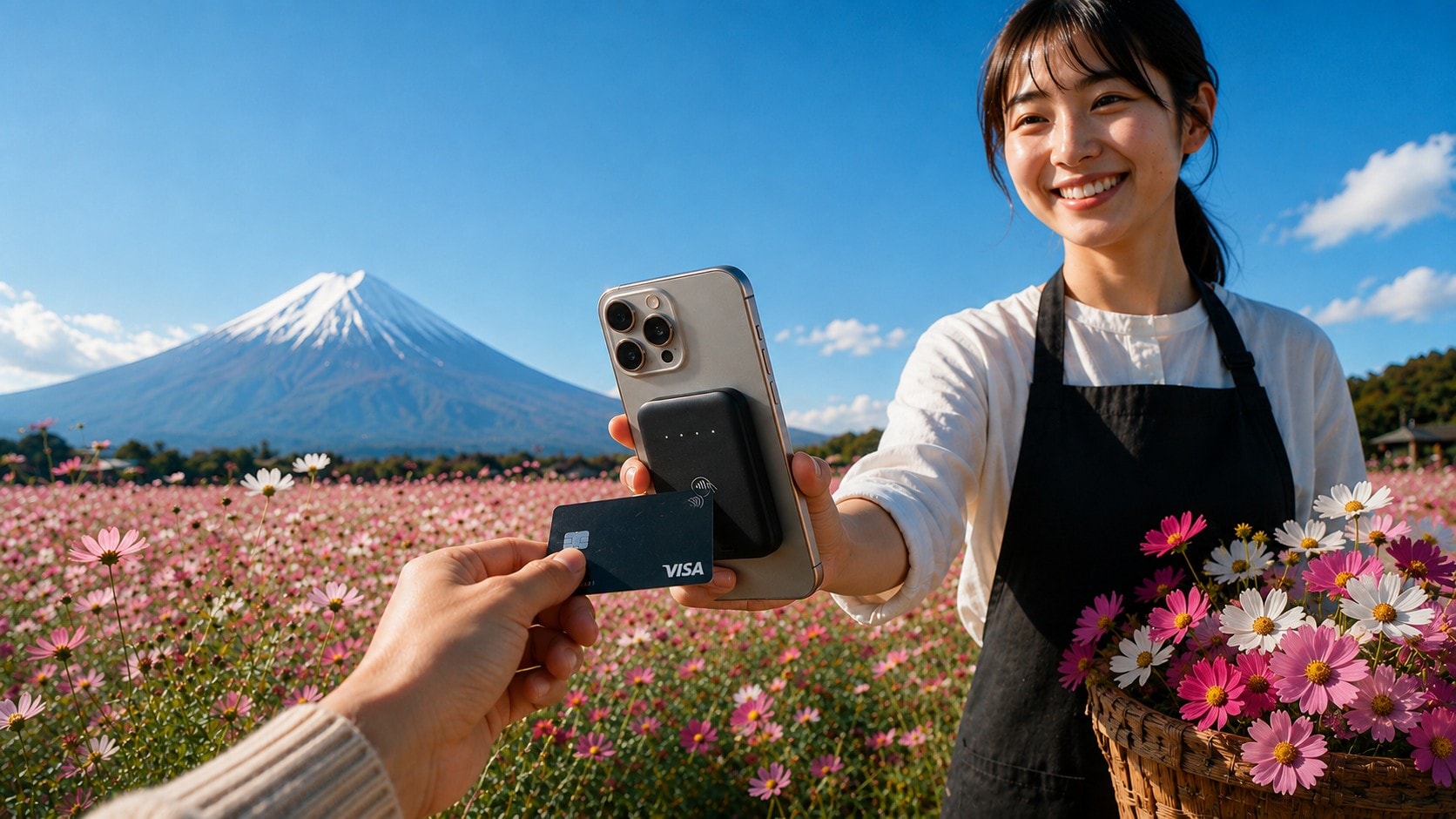 A flower seller in an apron holding out a phone with the reader on its back while a customer presents a card, in a field of cosmos flowers below a snow-capped mountain