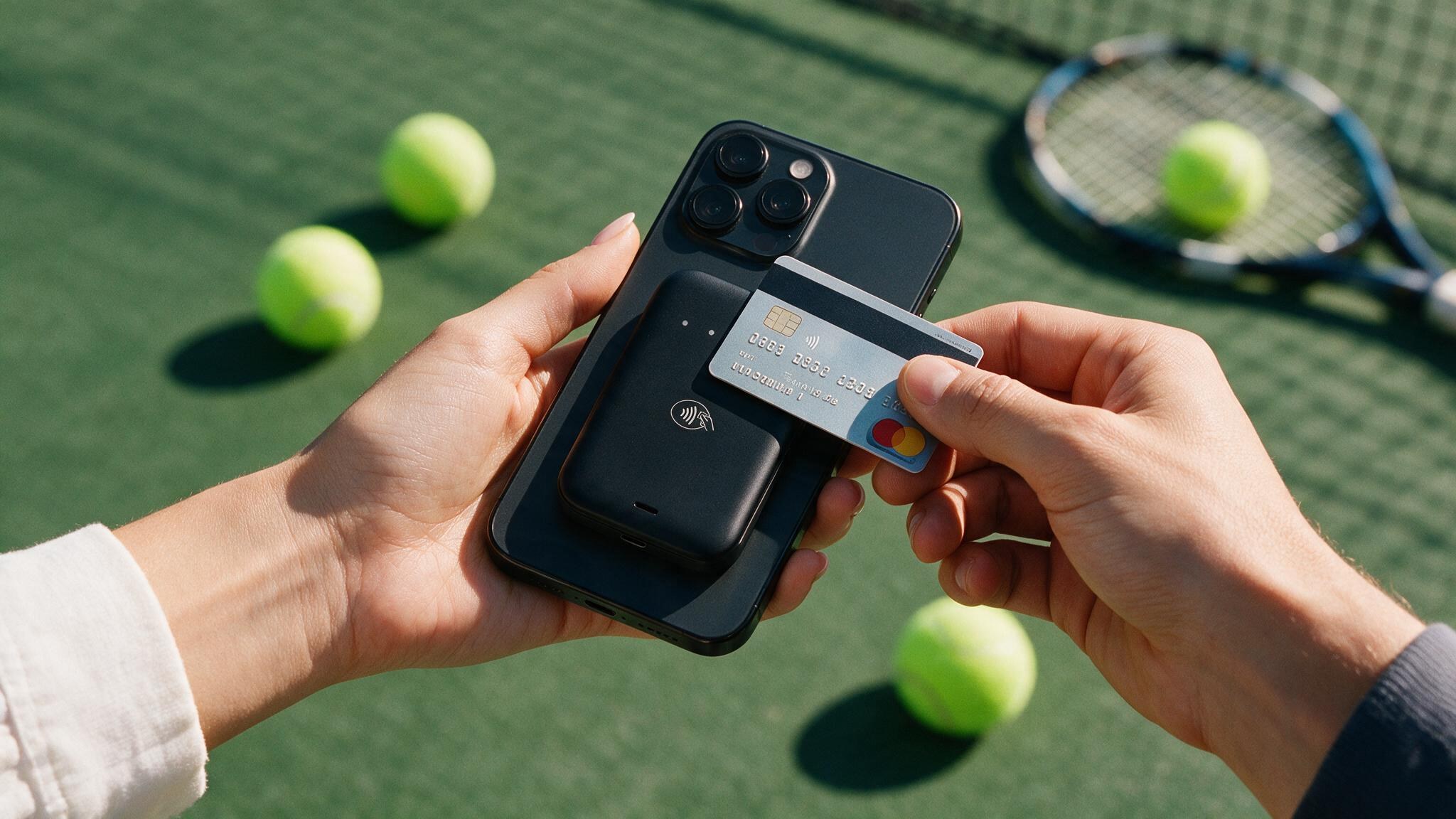 Two hands over a tennis court, one holding a phone with the Final Move reader on its back, the other presenting a bank card to it