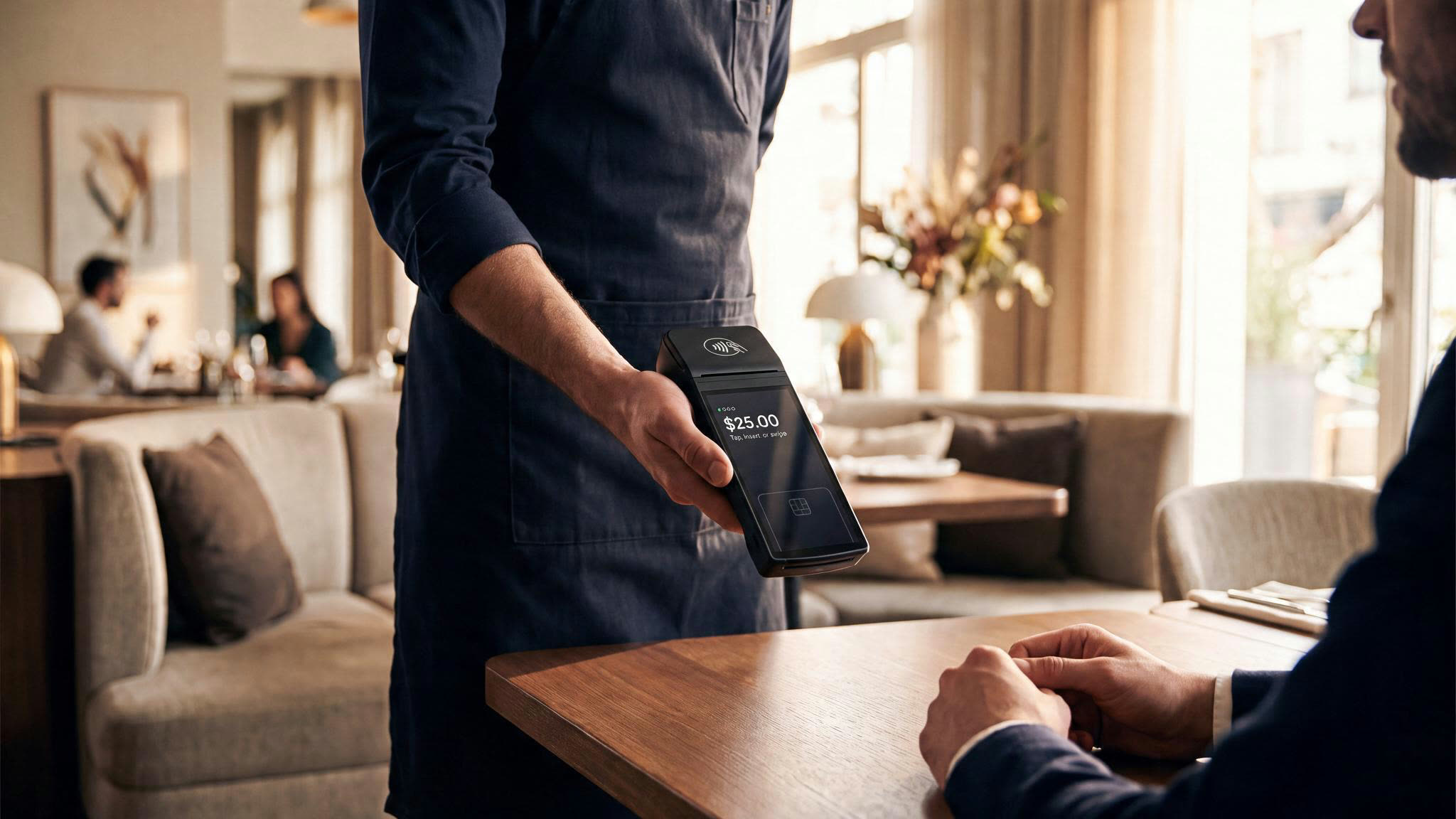 A server holding the terminal out across a restaurant table to a seated customer, the screen showing an amount to pay