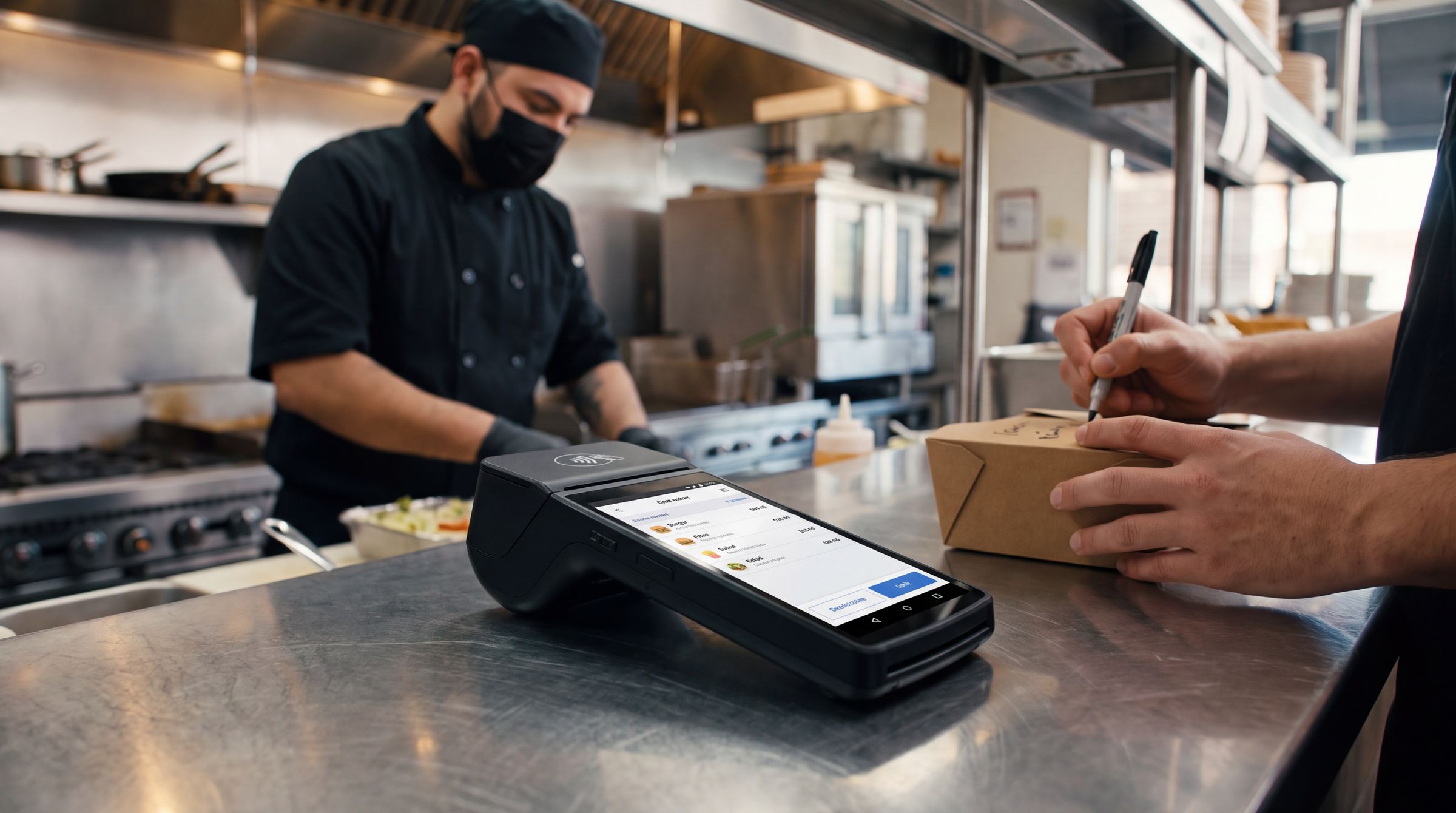 The terminal standing on a stainless kitchen pass with an order on its screen, a chef working at the range behind it