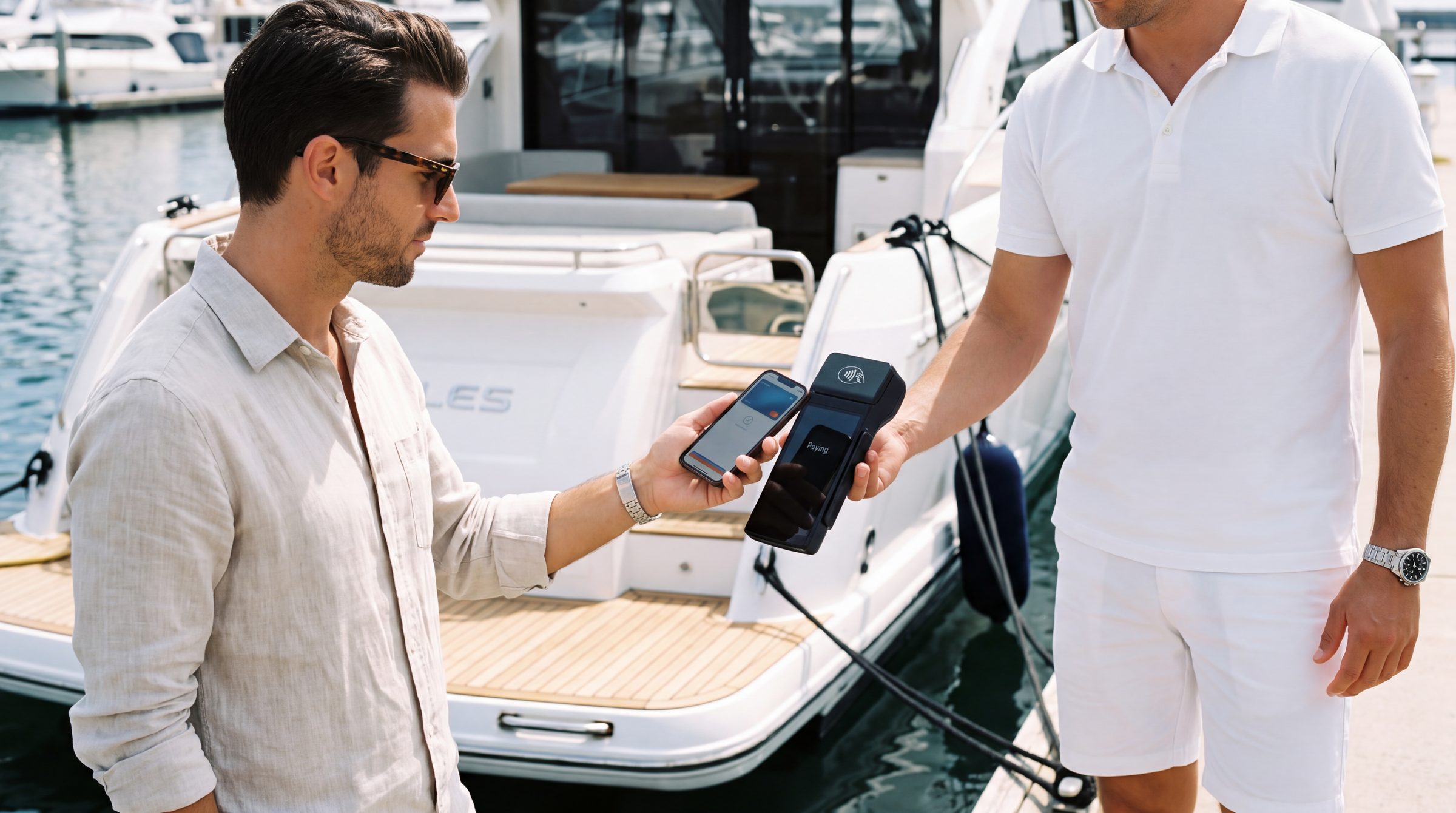 A customer paying by phone against a handheld terminal held out to them on a marina dock