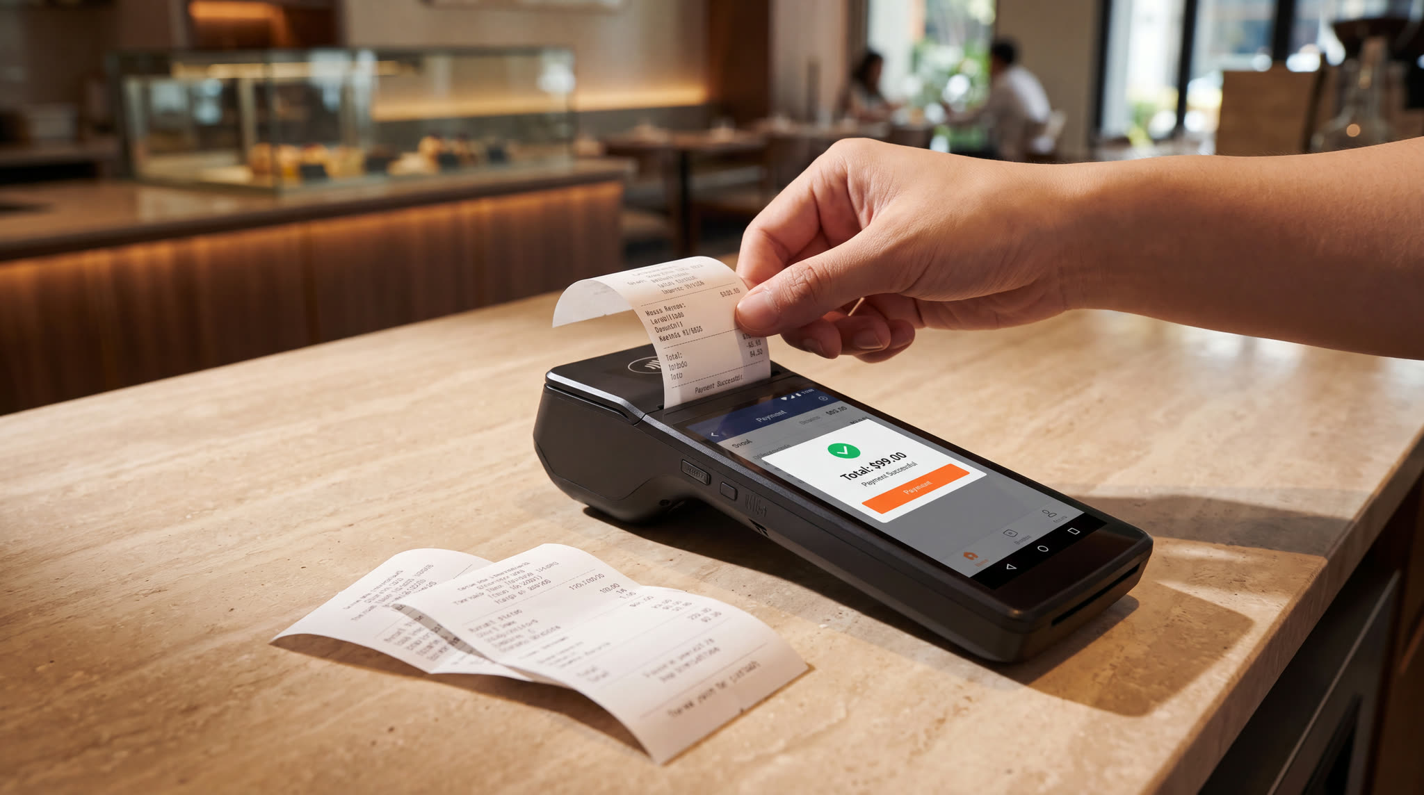 A hand tearing a printed receipt from the terminal on a café counter