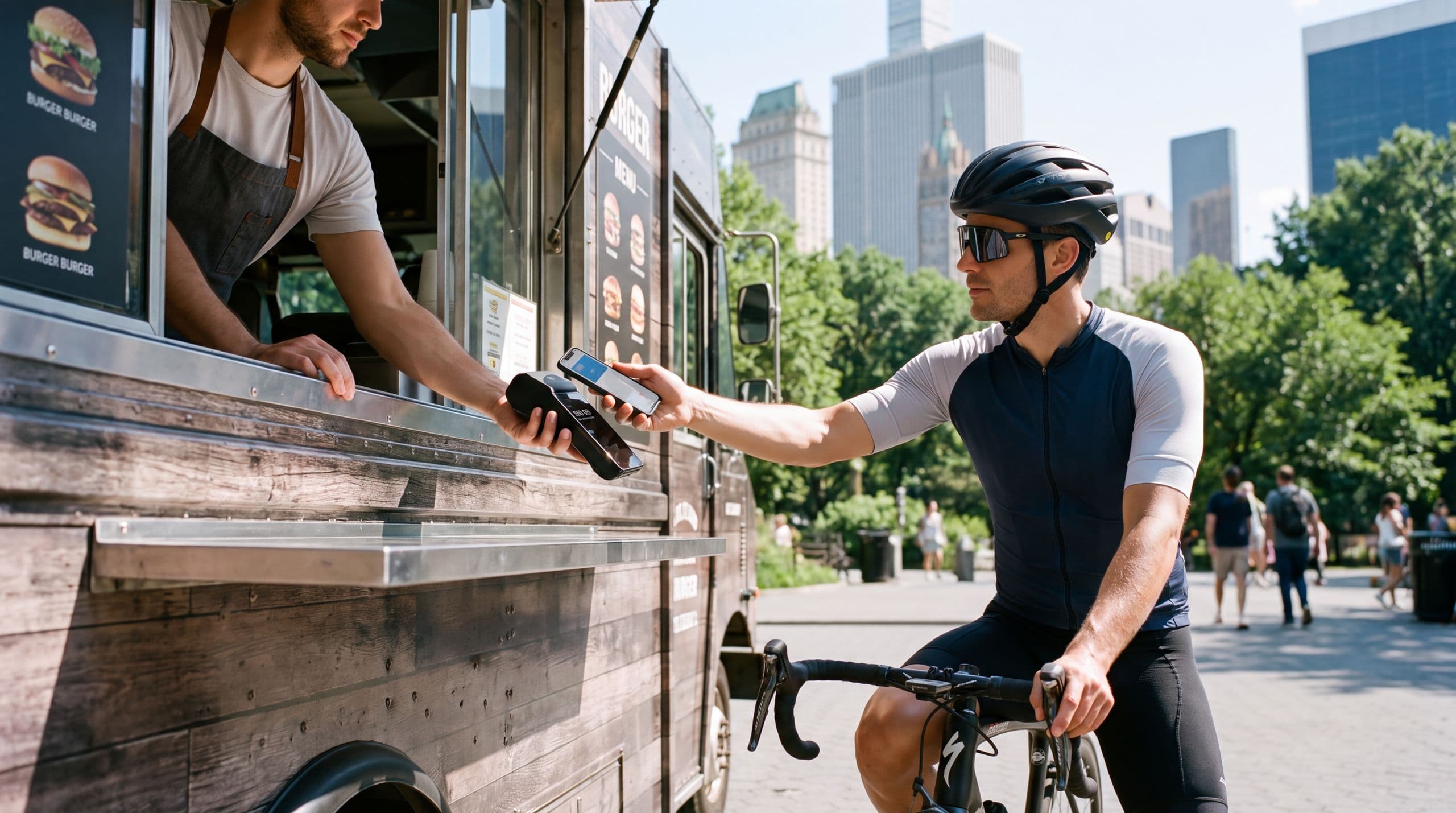 A food-truck vendor holding a card terminal out of the serving hatch while a cyclist pays with a phone
