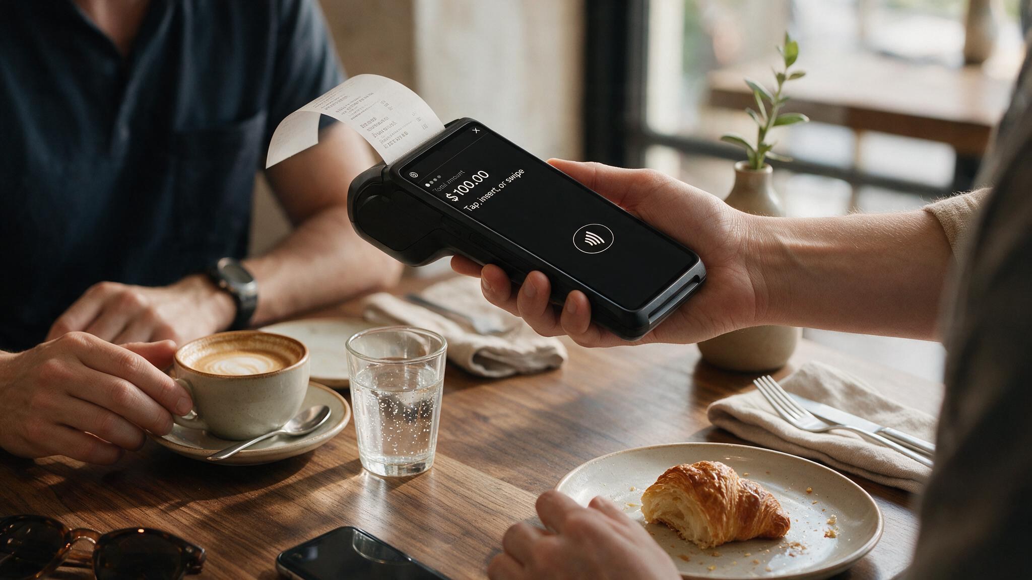 A receipt printing from a handheld terminal held out across a cafe table, coffee and a pastry beside it