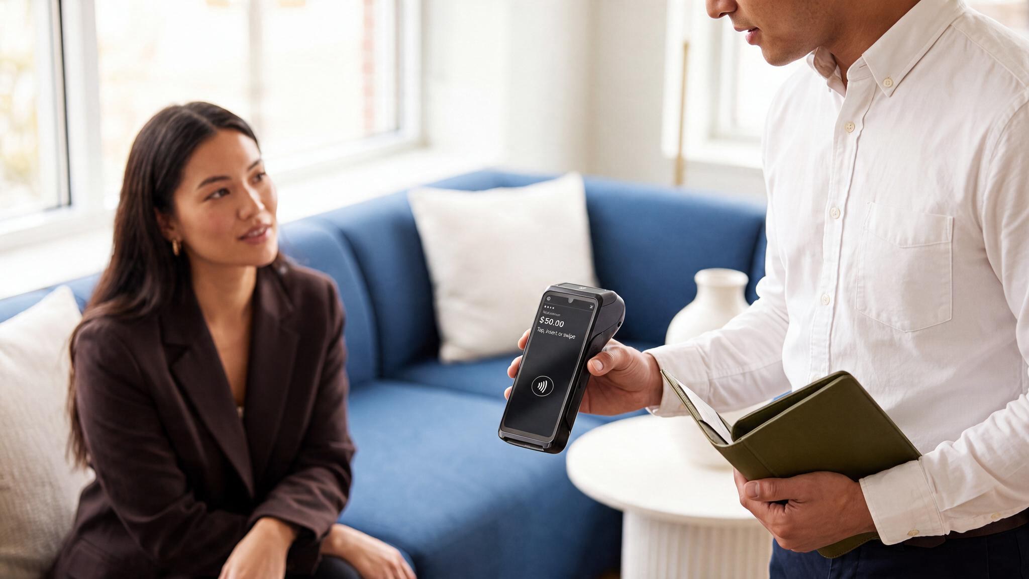 Someone holding a handheld terminal out to a seated client in a bright room, its screen showing a fifty-dollar payment prompt