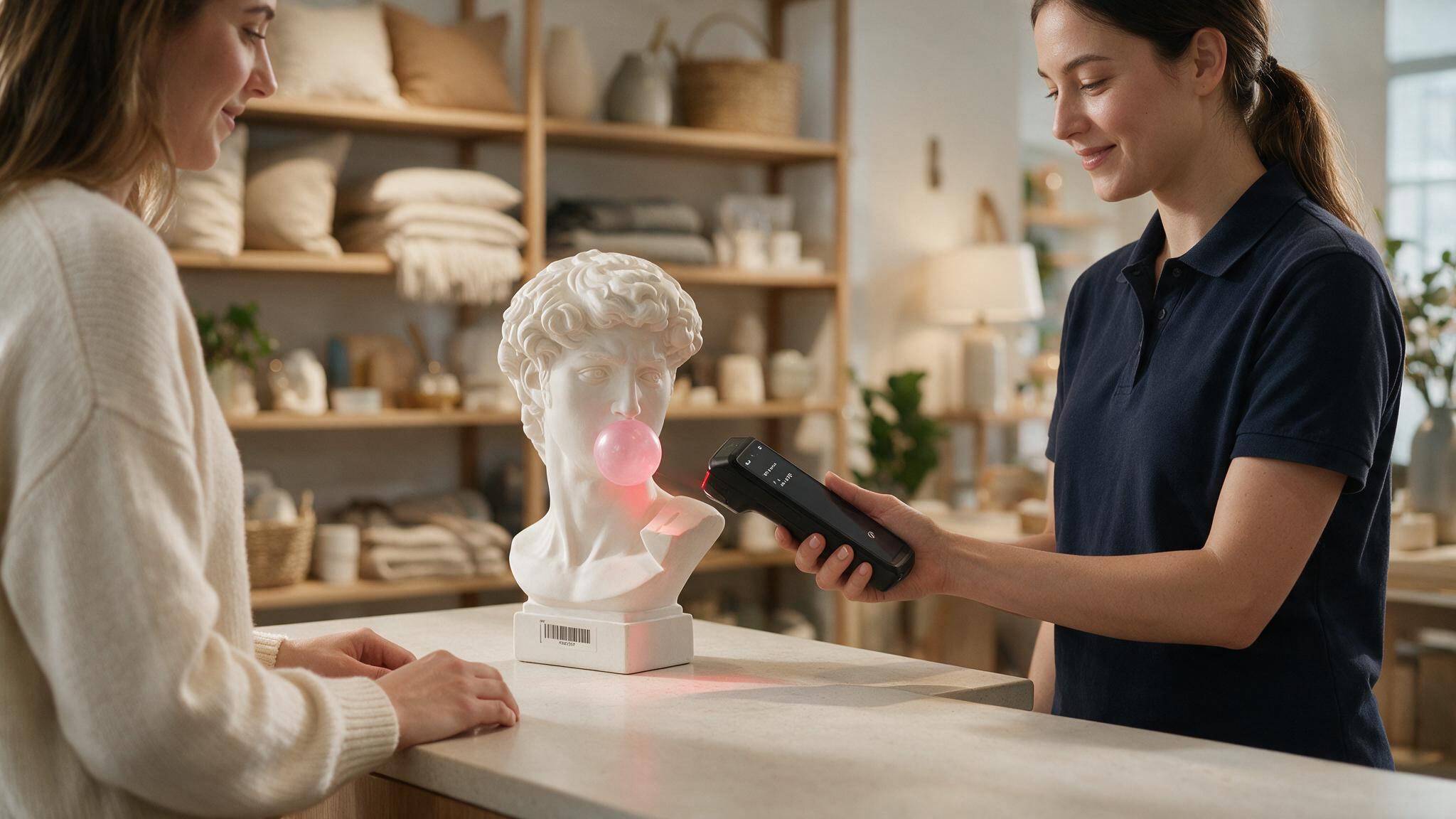 A shop assistant scanning a barcode on a homeware ornament with the terminal's rear camera while a customer watches across the counter