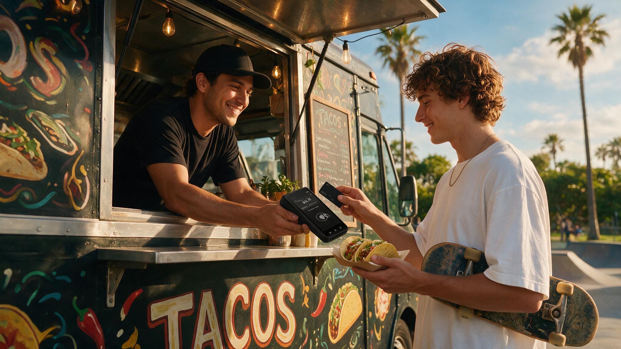 A food truck vendor holding a handheld terminal out to a customer paying with a phone, at golden hour