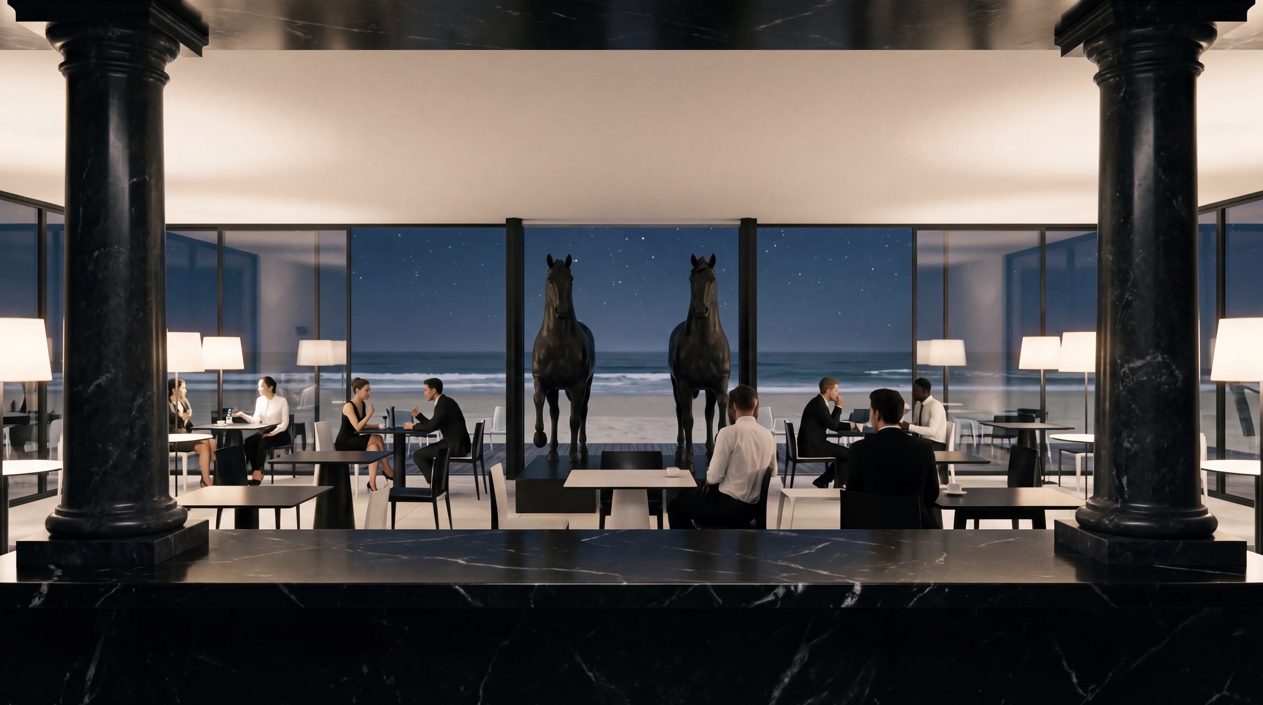 A restaurant terrace at dusk