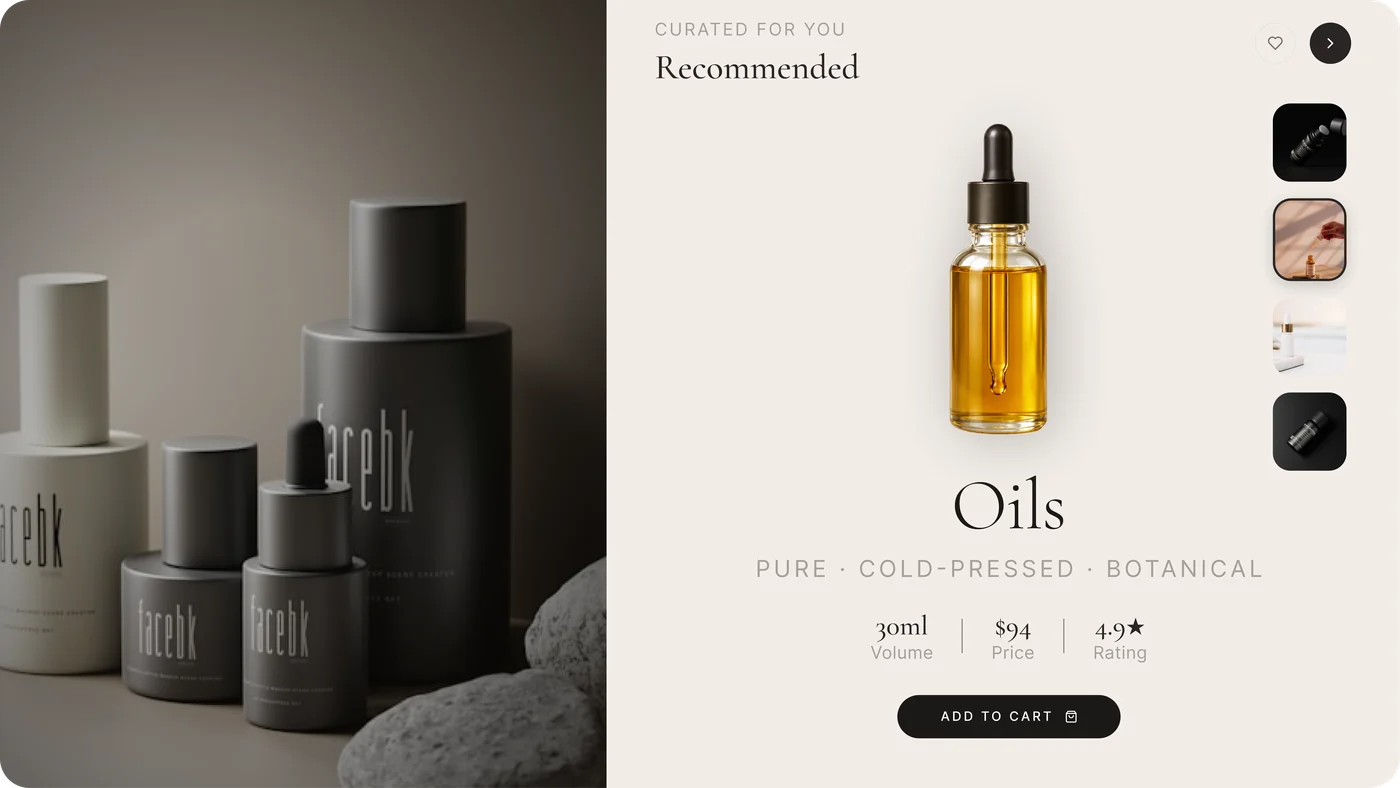 A botanical oils product page with volume, price and rating