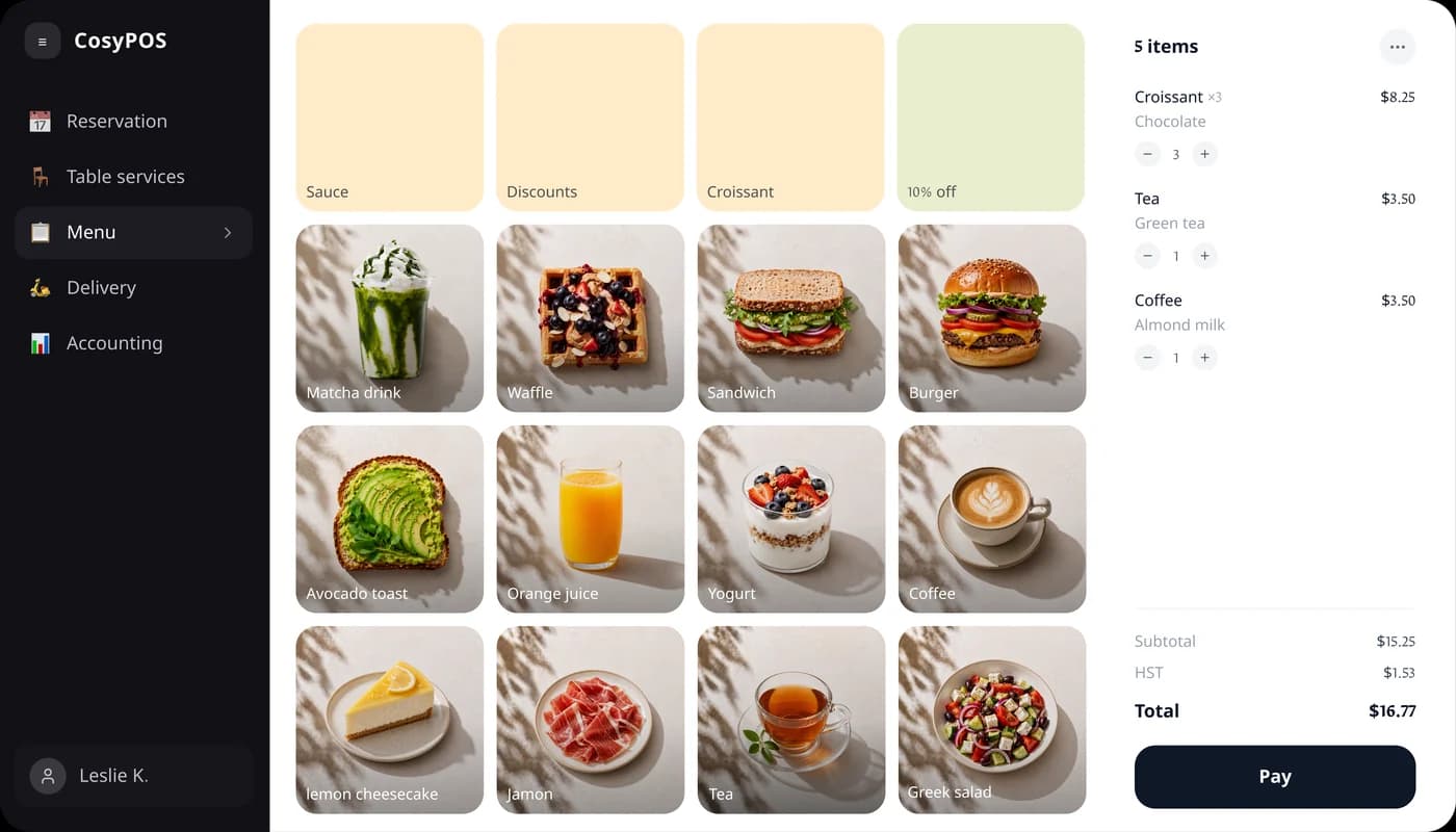 A café register with a grid of menu items and an order summary