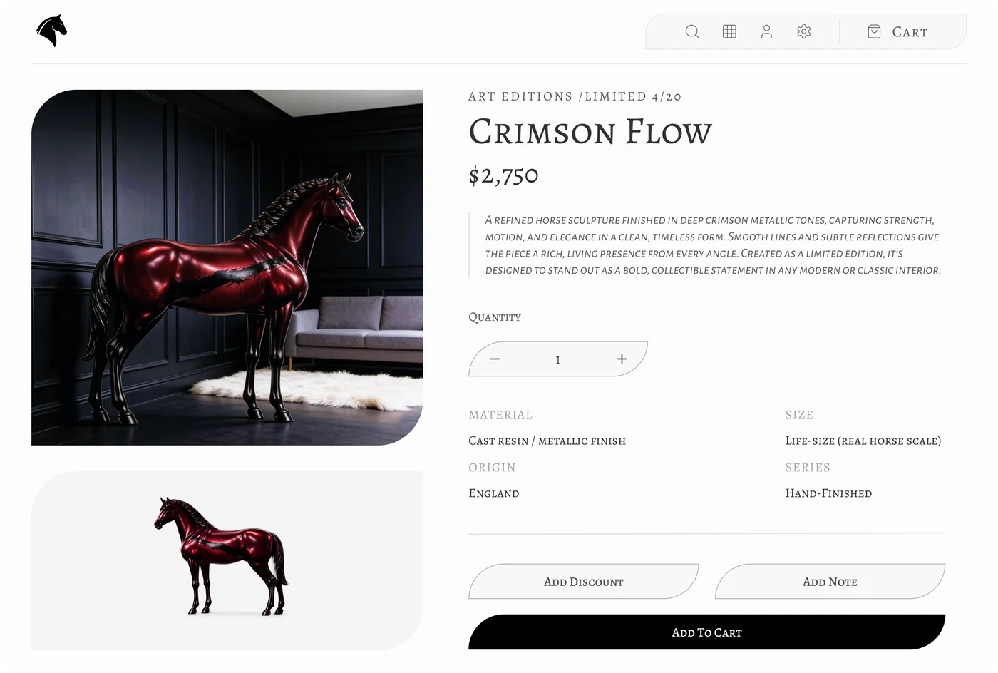 A gallery's product page for a limited-edition crimson horse sculpture