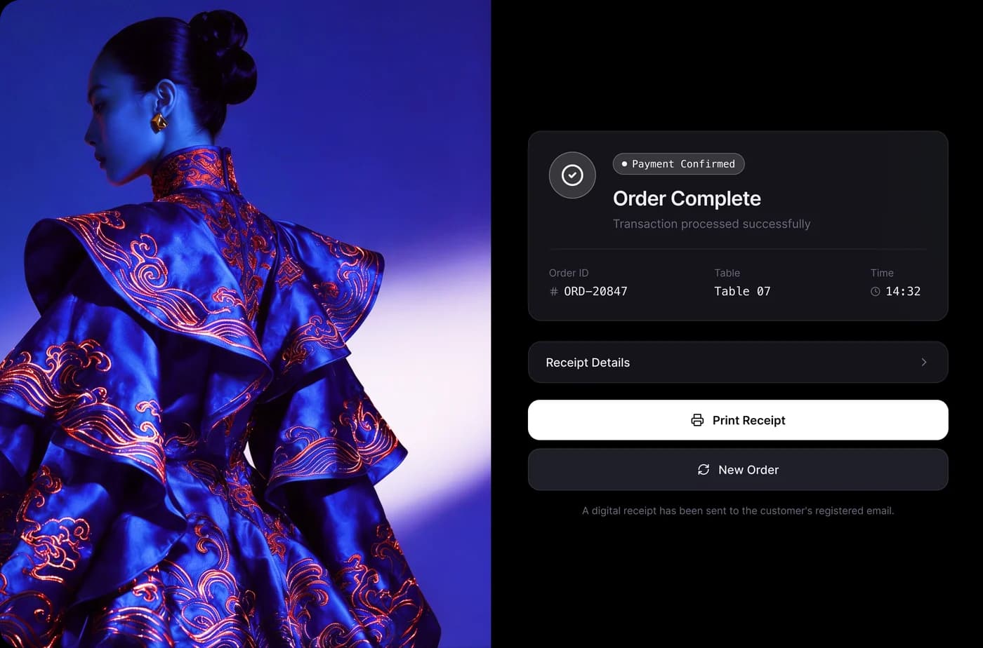 A fashion boutique's order-complete screen beside an editorial photograph