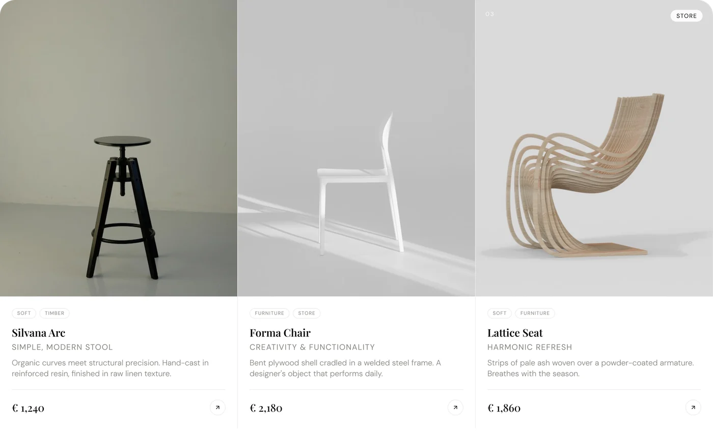 A furniture store's product catalog of stools and chairs