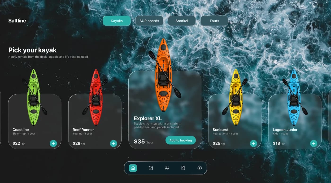 A kayak rental kiosk with coloured kayaks on glass cards over an ocean photograph