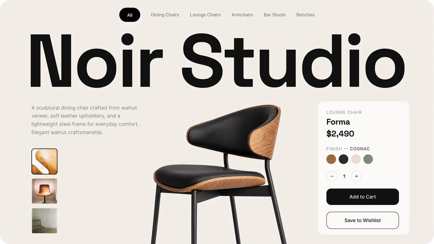 A furniture studio's product page for a lounge chair