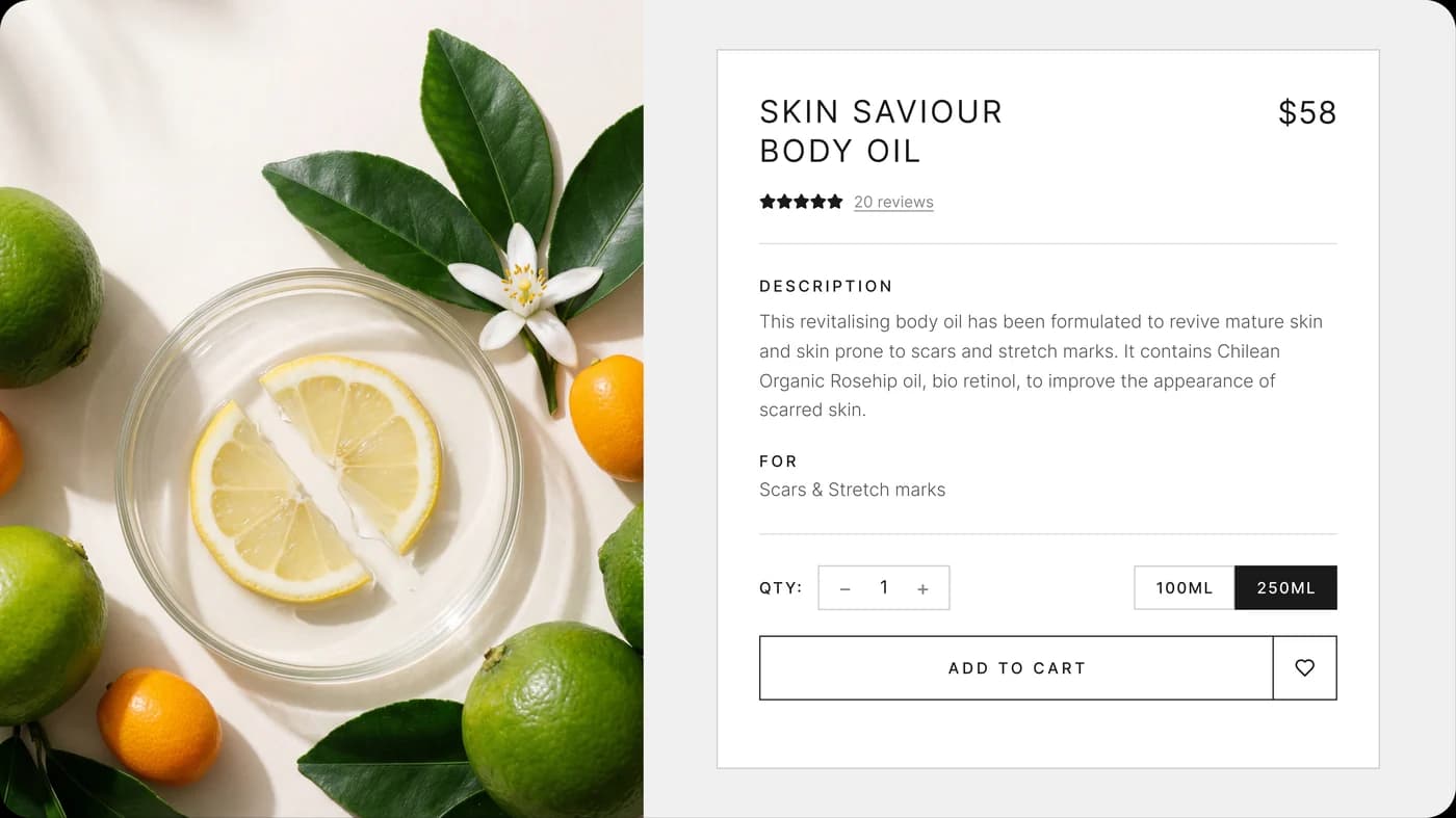 A skincare product page with size options and an add-to-cart button