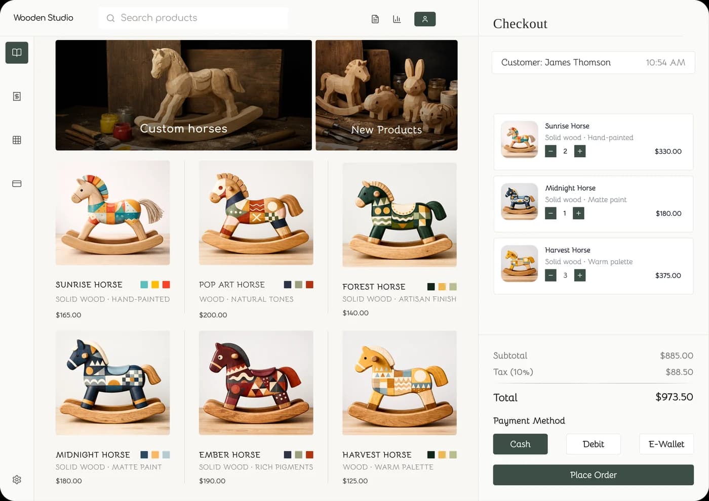 A toy workshop's register with rocking horses and a checkout panel