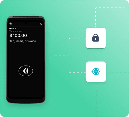 A Final Touch Pro handheld showing a $100.00 payment prompt, beside lock and verification icons