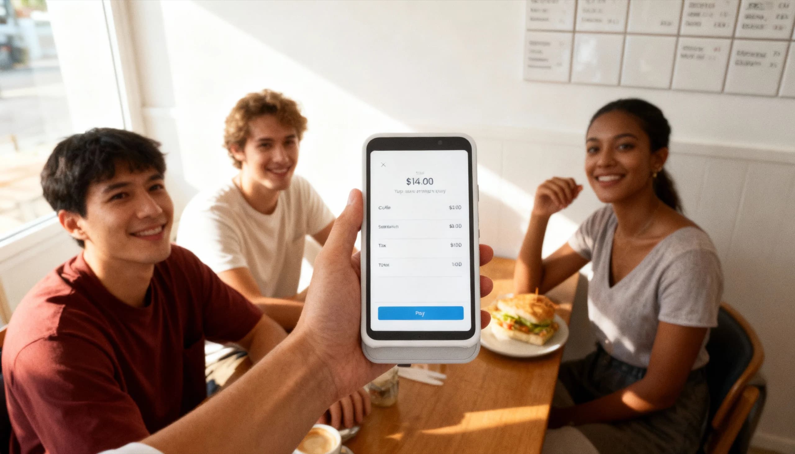 Server presenting handheld POS device to customer