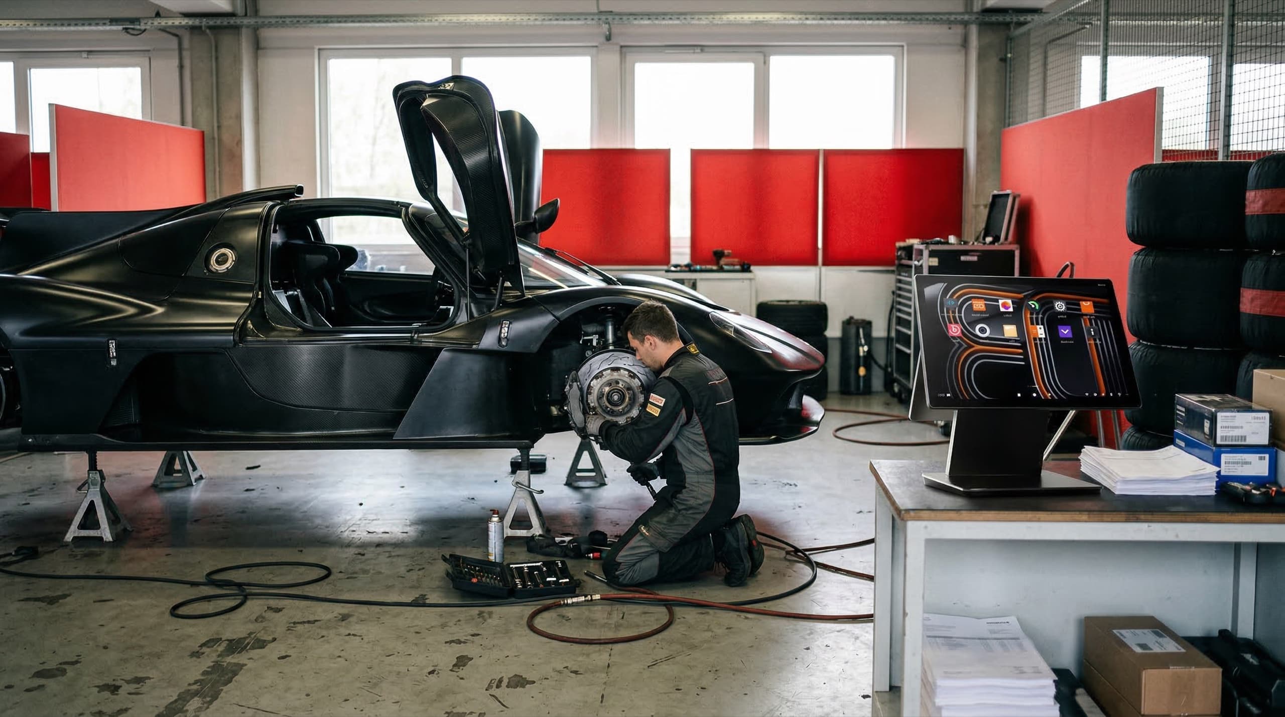 Motorsport workshop with POS terminal on workbench