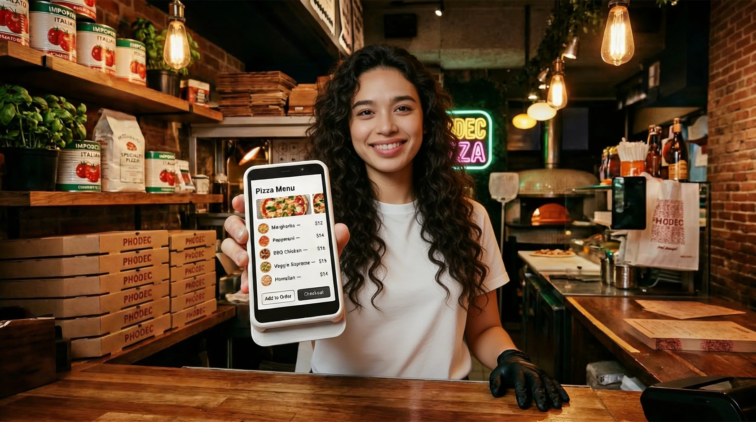 Pizza shop owner presenting handheld POS device