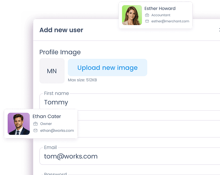 Add new user form with team member profile cards