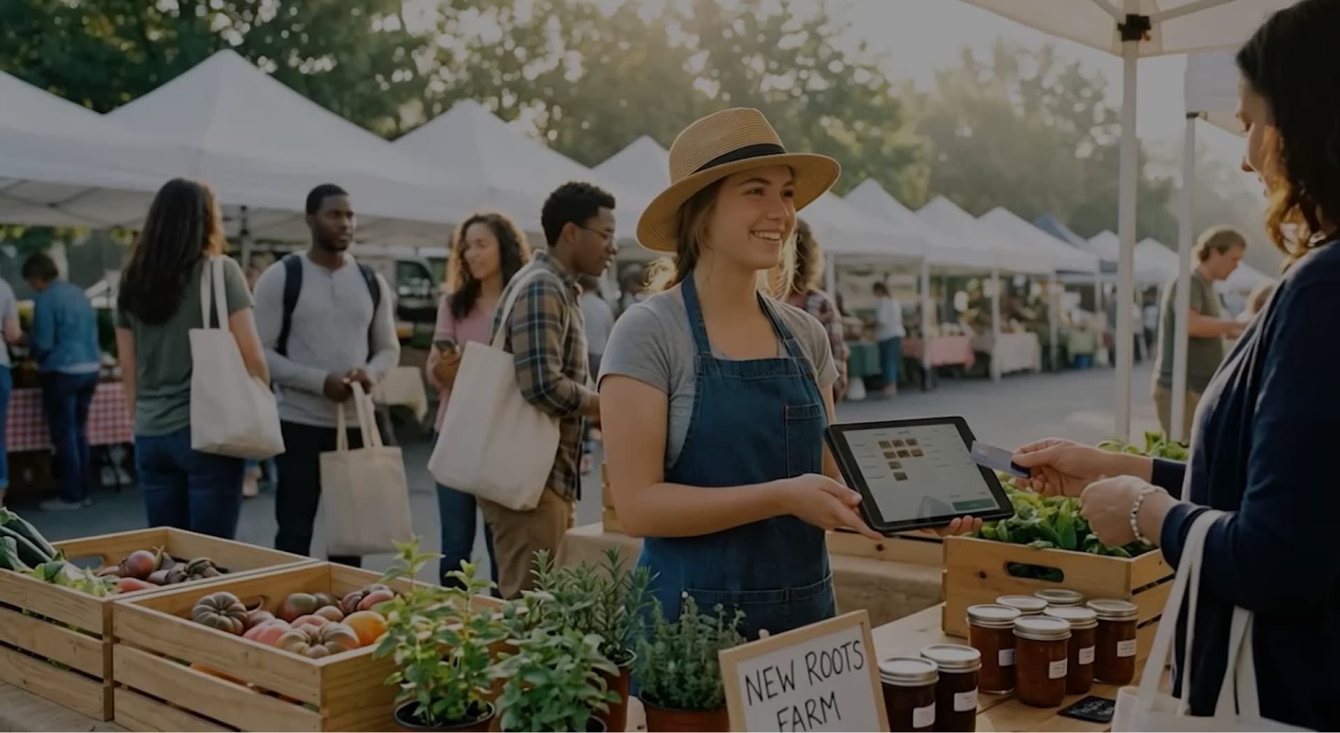 Vendedor en un mercado al aire libre soleado realizando un pago sin contacto en una tableta Final, rodeado de compradores y tiendas de campaña