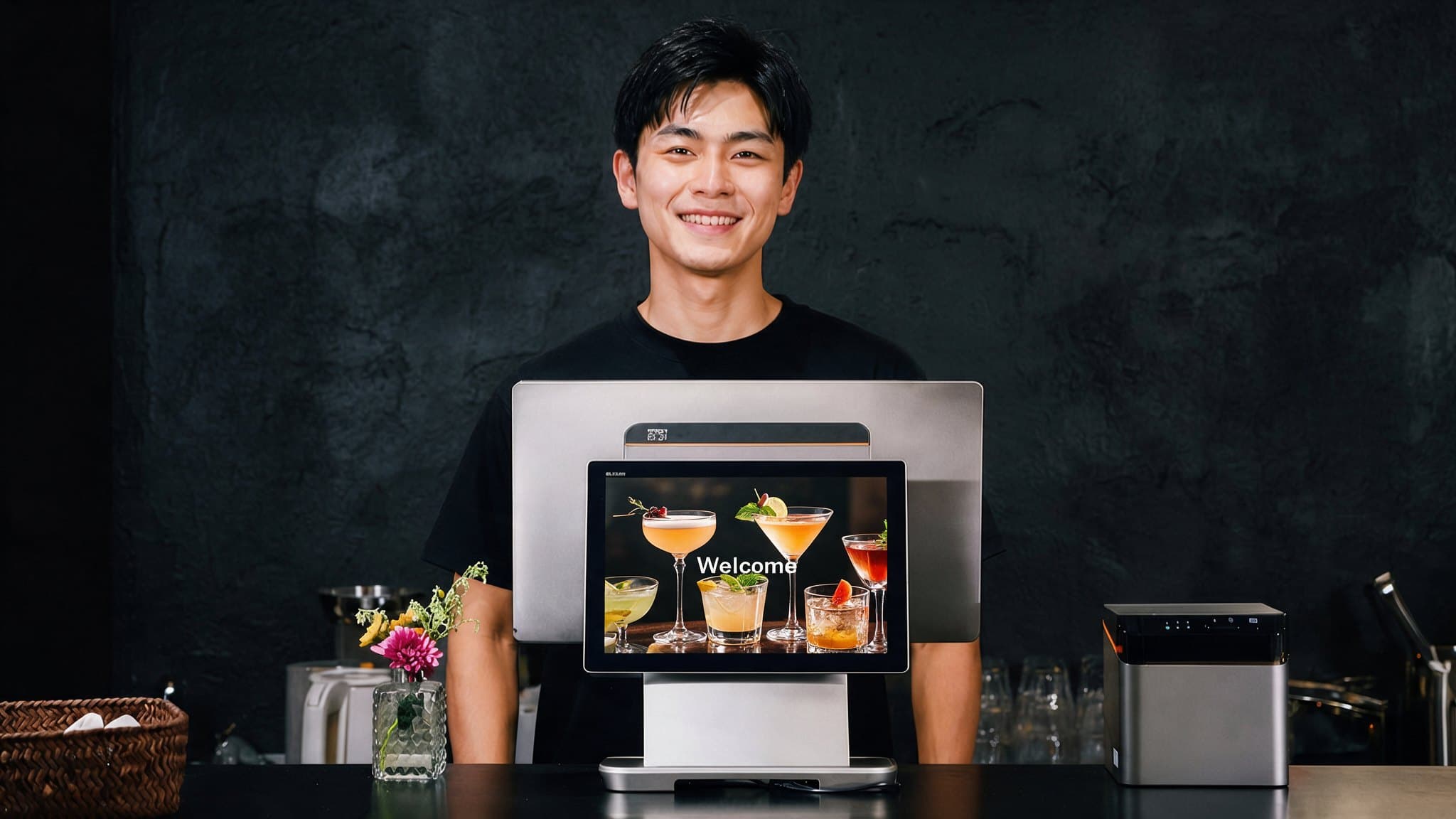 A bartender smiling behind a counter POS whose customer screen shows cocktails