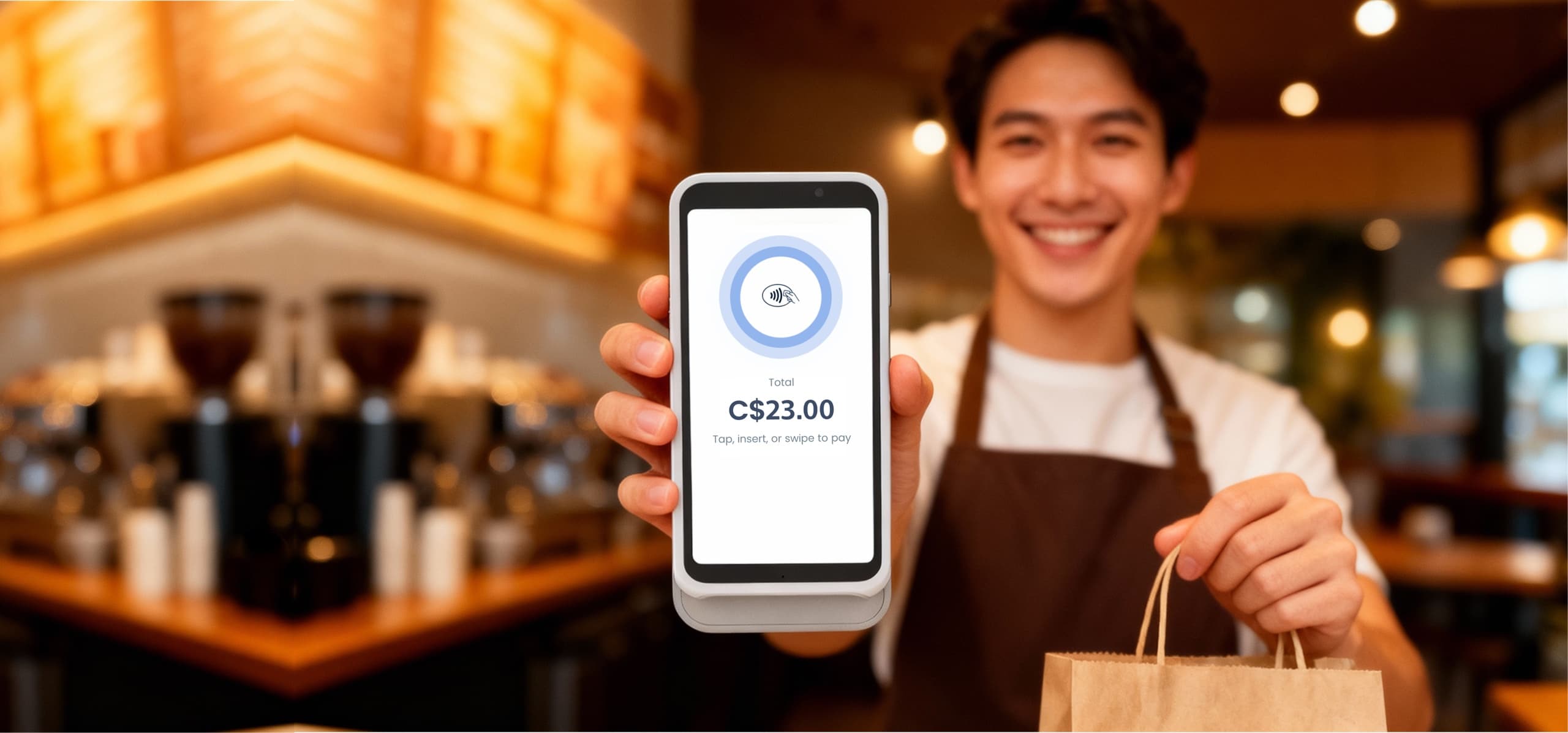 Staff using mobile POS terminal